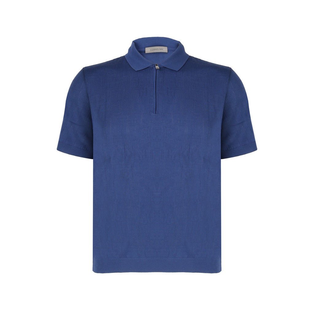 Corneliani Jacquard Zip Polo Shirt for Men - Stylish Blue Knit Top for Casual & Business Wear | Perfect for Office, Outings & Smart Casual Occasions