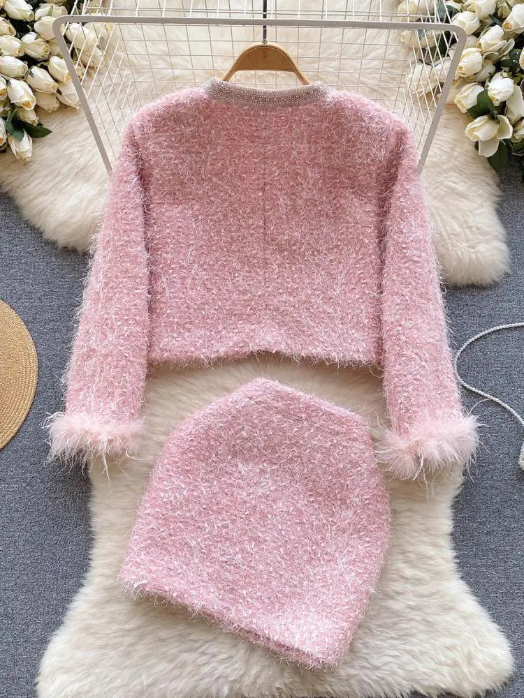 Vintage White 2-Piece Women's Outfit - Elegant Pink Round Neck Cardigan Coat & Zipper Mini Skirt Set | Fall Winter Party Fashion | Perfect for Holiday Gatherings, Date Nights & Office Wear