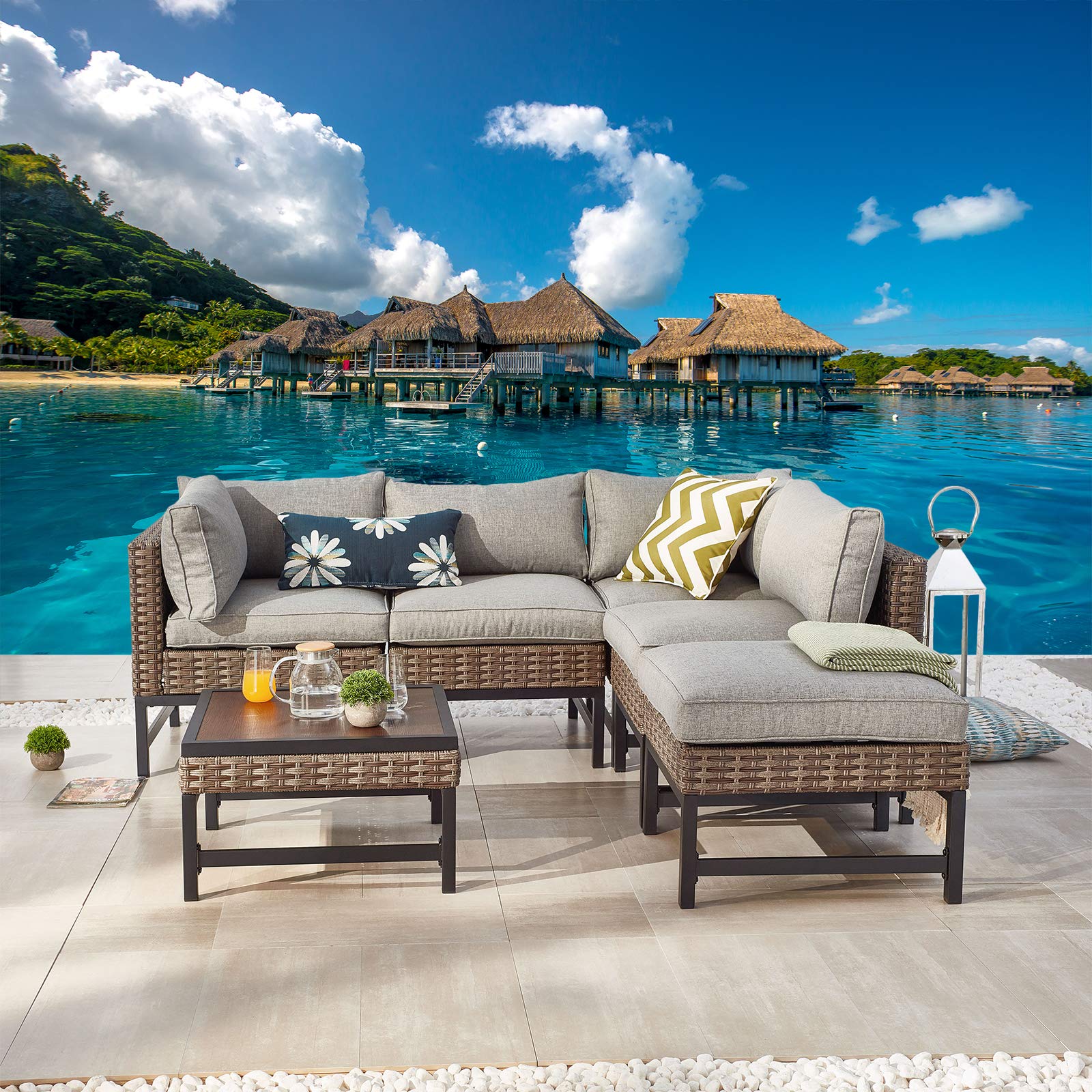 6-Piece Outdoor Patio Furniture Set - All-Weather Black Wicker Sectional Sofa with Square Coffee Table & Removable Cushions (Grey) - Perfect for Backyard, Garden, Poolside or Balcony Relaxation