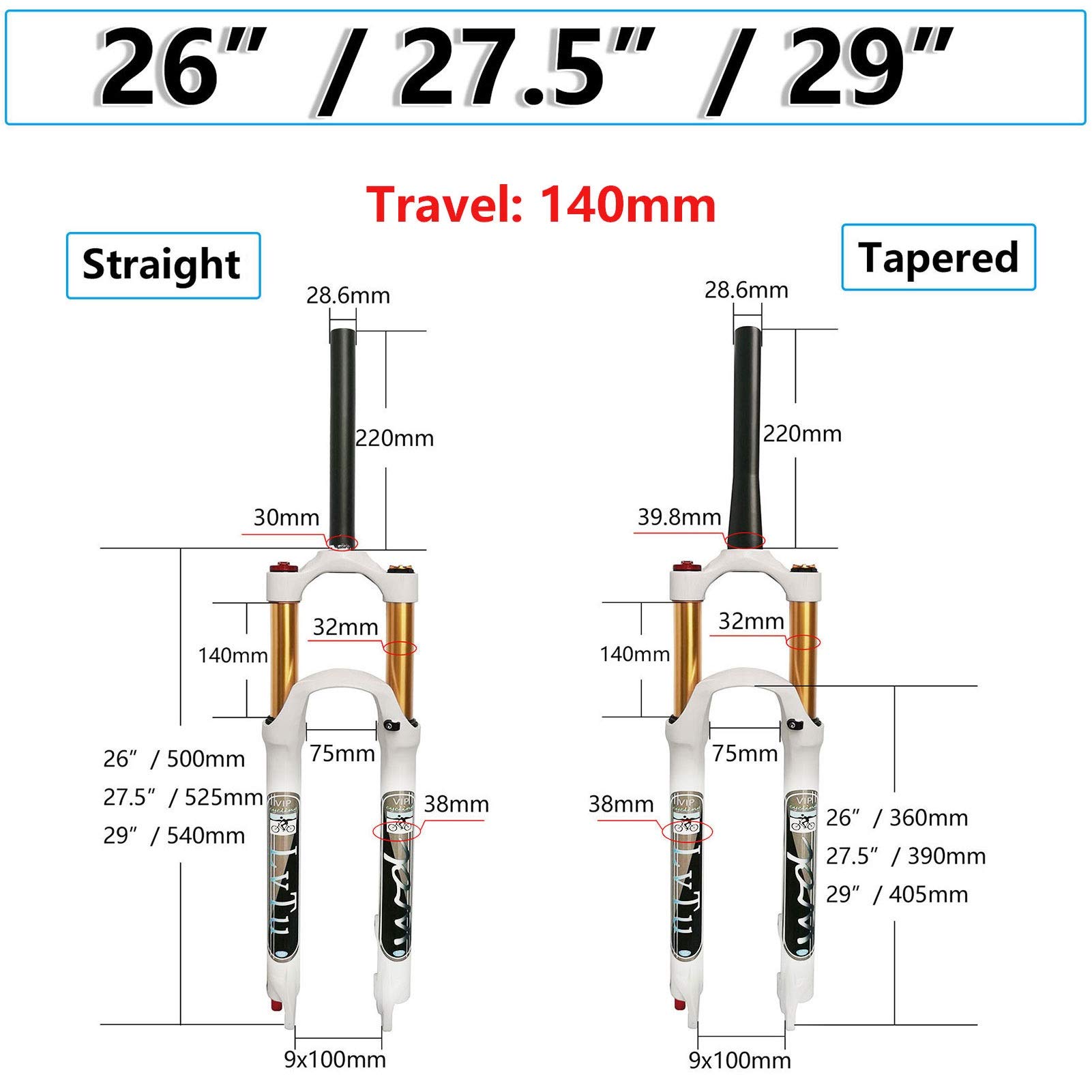 Mountain Bike Air Suspension Fork - 26/27.5/29 Inch Magnesium Alloy Front Fork with 140mm Travel, 9mm QR, Tapered Manual Lock Out (White) - Perfect for Trail Riding, Downhill & Cross-Country Cycling