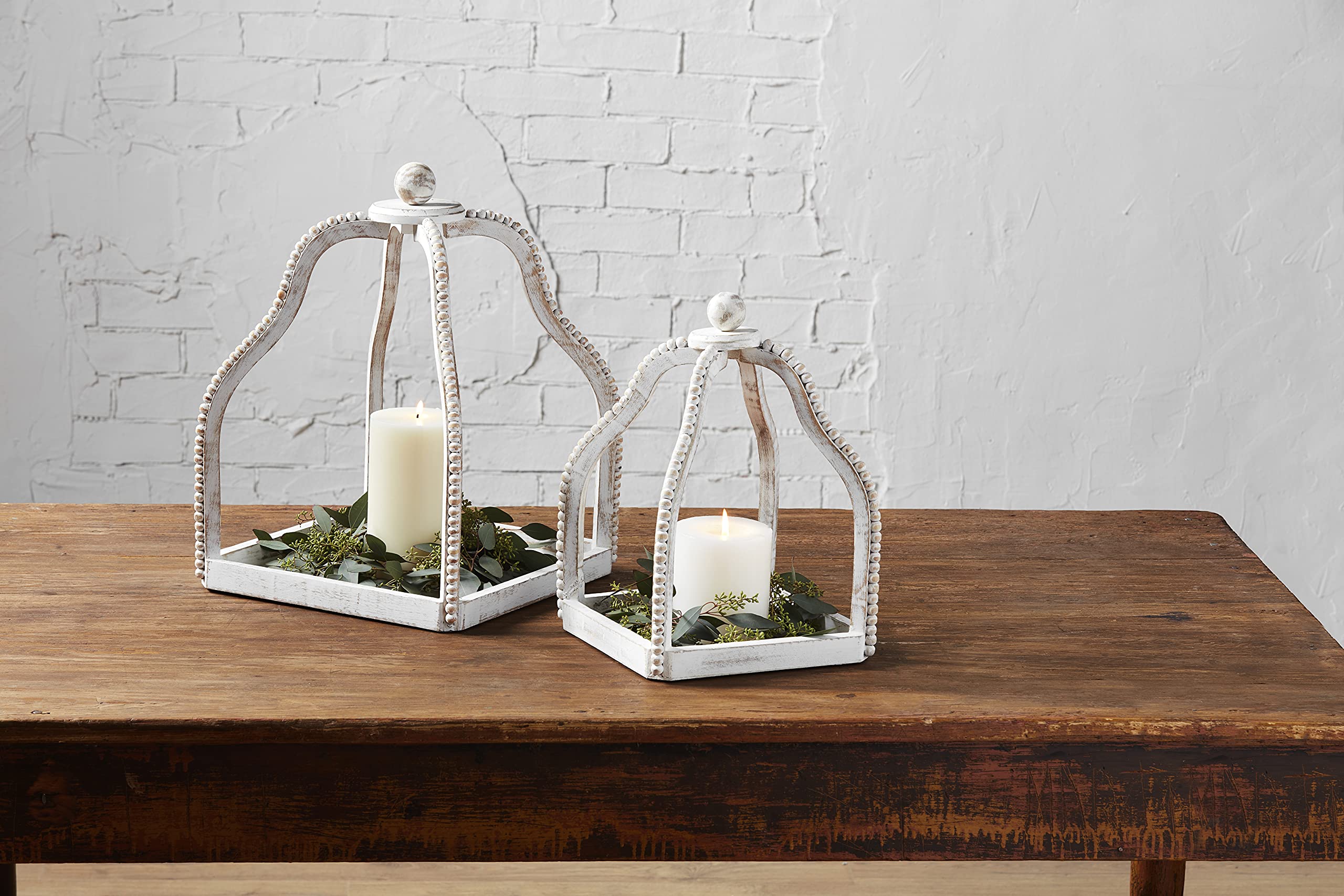 Distressed White Wash Wood Beaded Lantern Set by Mud Pie - Rustic Farmhouse Decor for Patio, Garden, Wedding & Home Decoration