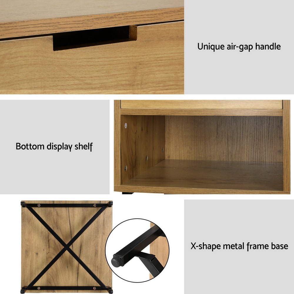 Industrial Style Oak Bedside Table with Drawer - Nightstand for Bedroom, Living Room & Office - Rustic Wood Night Stand with Storage