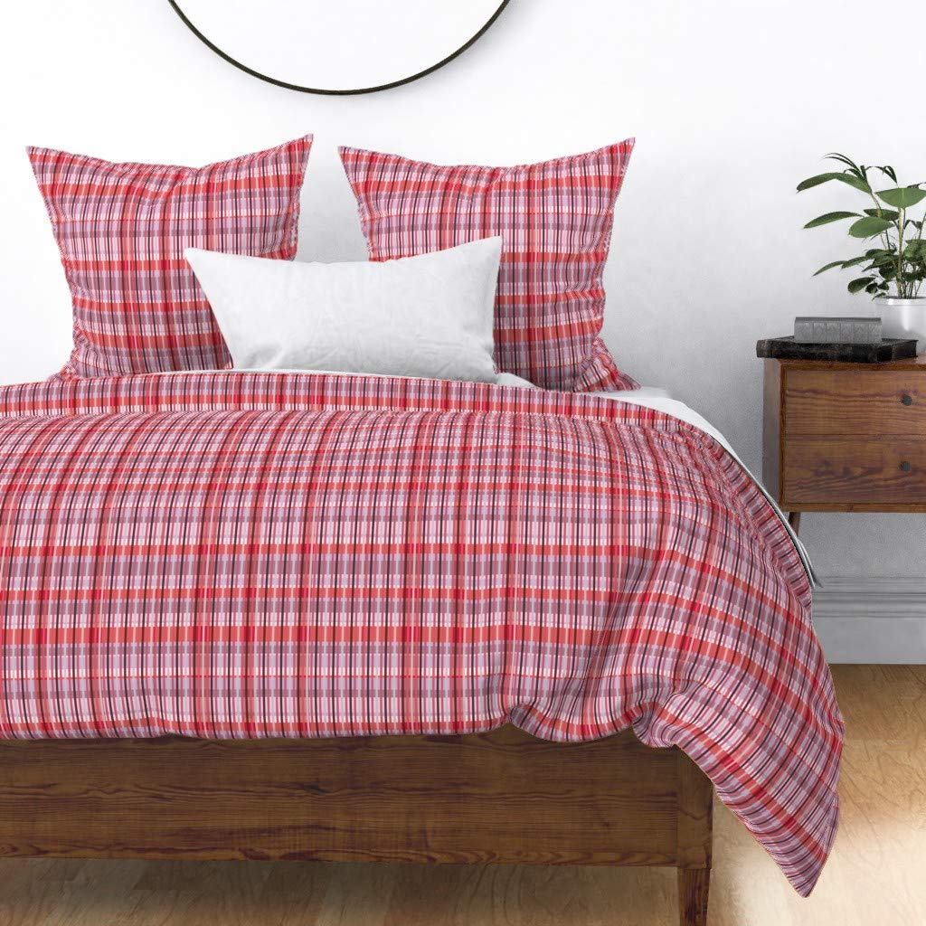 Premium Cotton Sateen Duvet Cover King/California King - Midcentury Modern Plaid Pink Red Stripe Geometric Pattern | Custom Bedding Set for Valentine's Day | Perfect for Master Bedroom, Guest Room & Luxury Hotel Decor