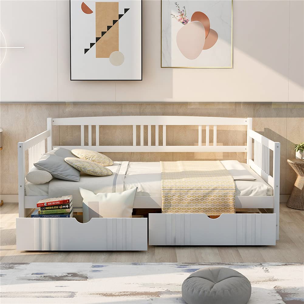 **White Pinewood Daybed Sofa Bed with Guardrails & Storage Drawers – Convertible Kids Furniture for Bedroom, Playroom & Guest Room**    (Note: This optimized title includes keywords like 