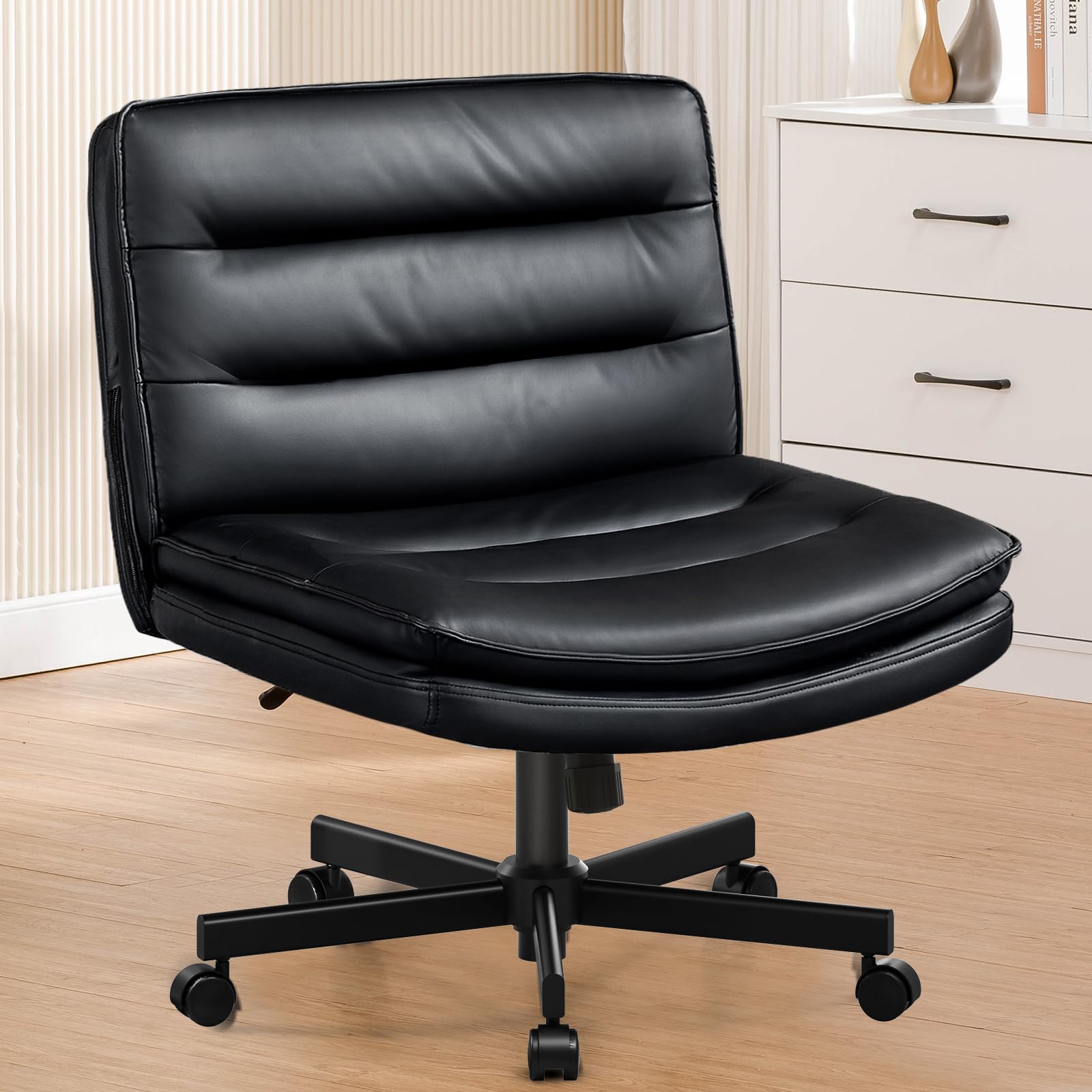 Criss Cross Legged Office Chair with Wheels - Armless Swivel Desk Chair, Wide Seat & Height Adjustable Mid Back - Perfect for Home Office, Computer Work & Vanity Desks