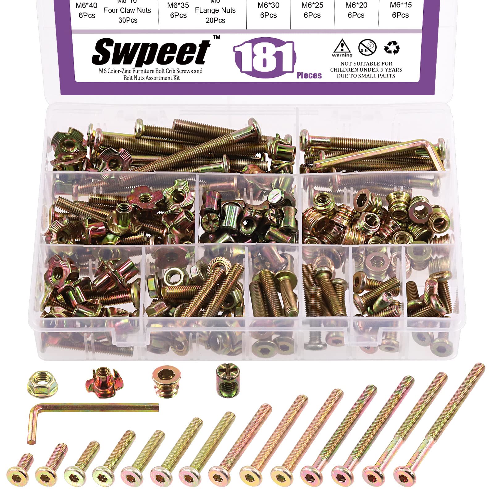 Swpeet 181Pcs M6 Baby Crib Bolts Kit - Hex Socket Cap Screws for Furniture Assembly