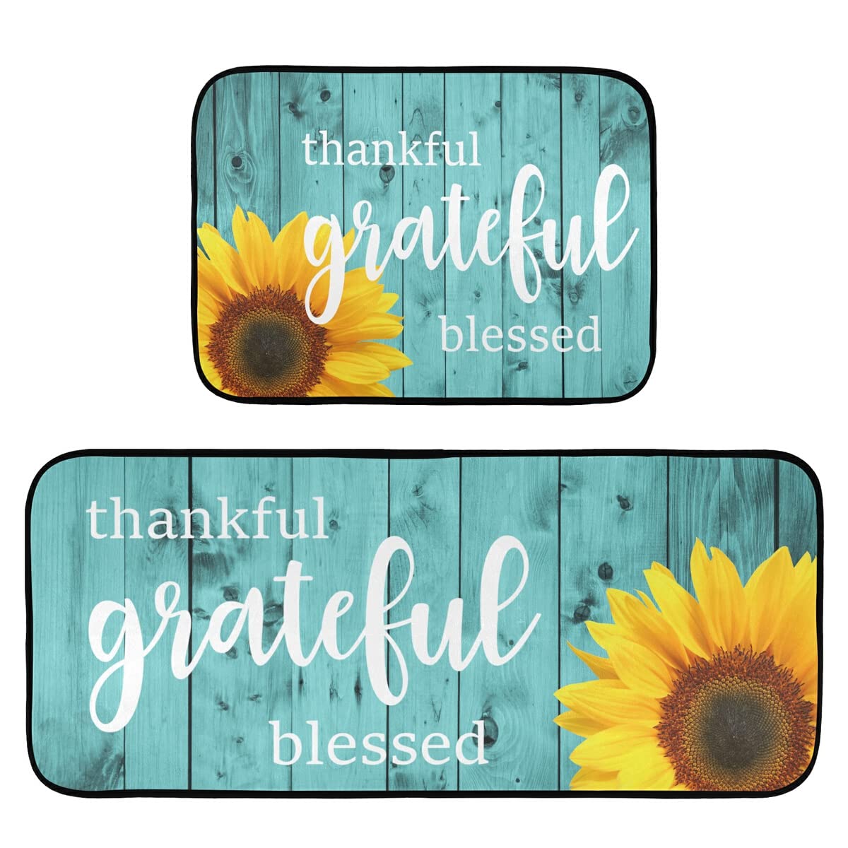 Non-Slip Washable 2-Piece Teal Sunflower Kitchen Rug Set - Turquoise Runner Mats for Floors, Laundry Room & Home Decor | Perfect for Farmhouse Kitchens & Entryways