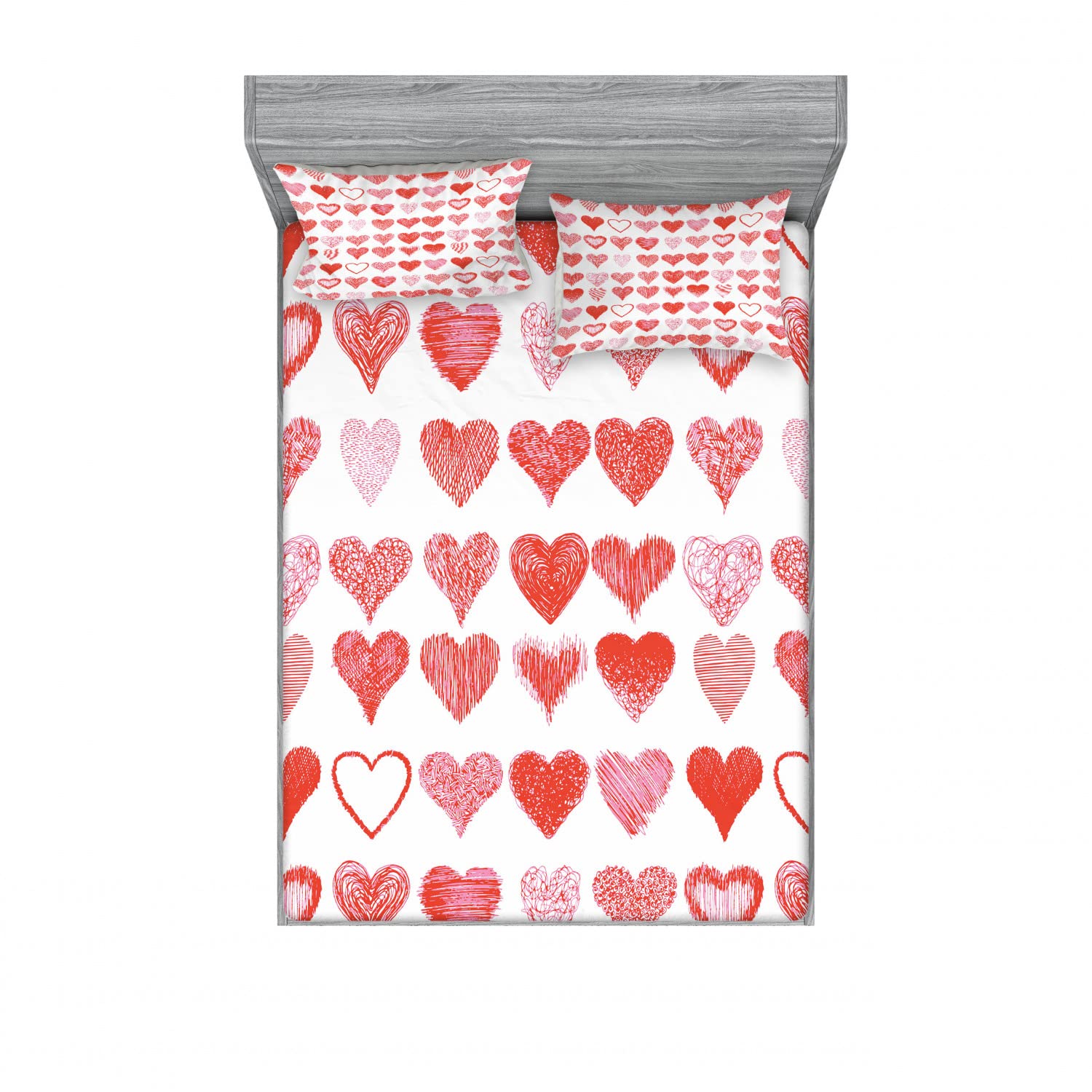 Ambesonne Valentine's Day 2-Pack King Size Fitted Sheet Set with 4 Pillow Shams - Romantic Heart Print Bedding in Vermilion Pink & White - Perfect for Couples' Bedrooms, Anniversary Gifts & Romantic Home Decor