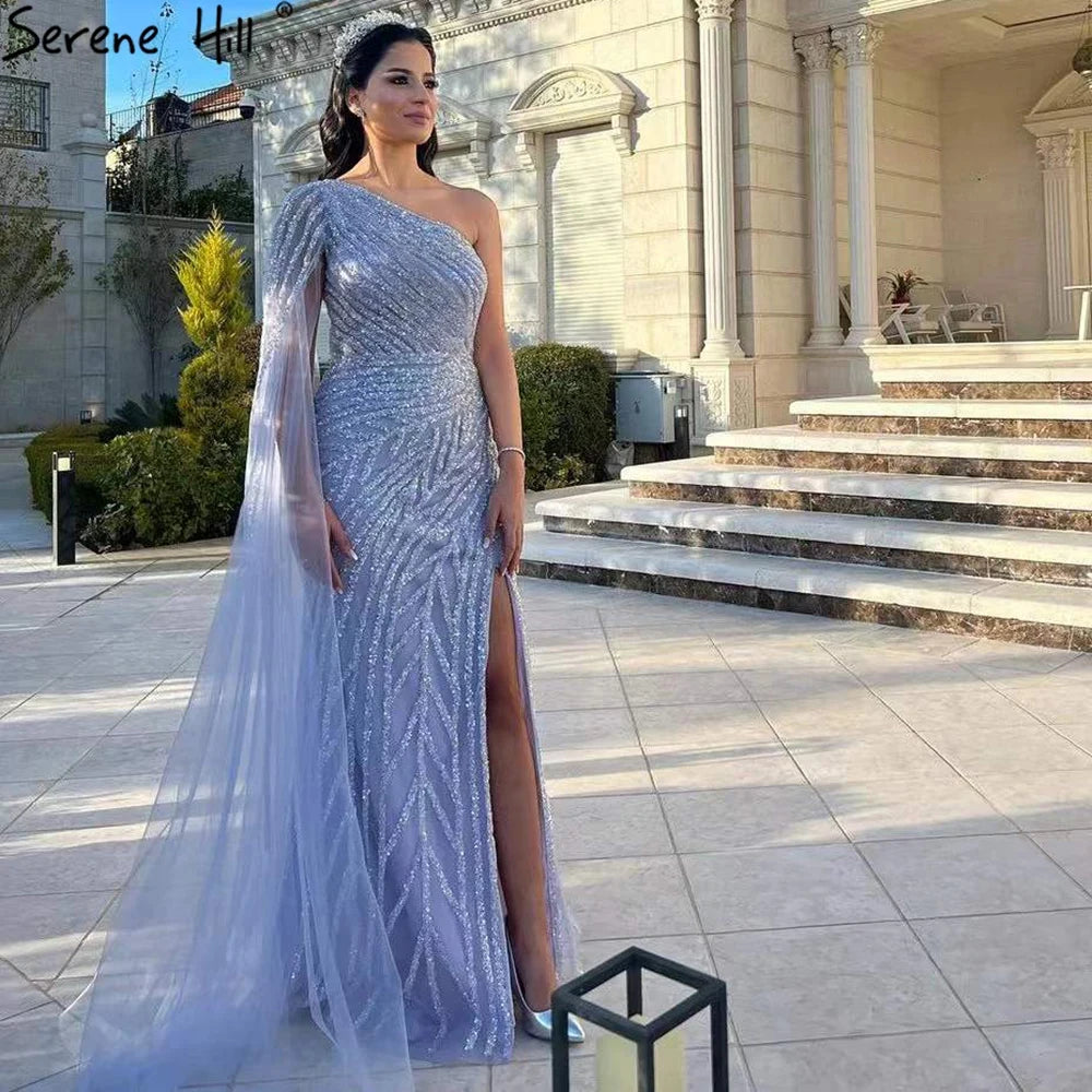 Elegant One Shoulder Lilac High Split Mermaid Evening Dress with Beaded Details for Women - Perfect for Prom, Gala, and Formal Parties - Serene Hill LA71493