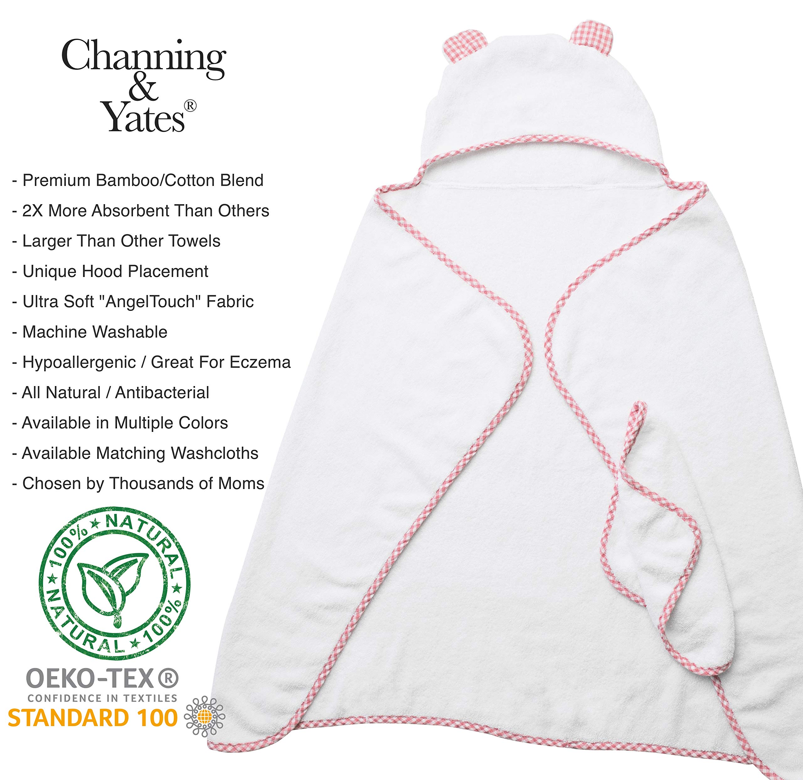Channing & Yates Premium Organic Bamboo Viscose Hooded Baby Towel & Washcloth Set - Soft Absorbent Newborn Bath Towel with Hood (Pink) - Perfect for Baby Showers, Bath Time & Spa Days