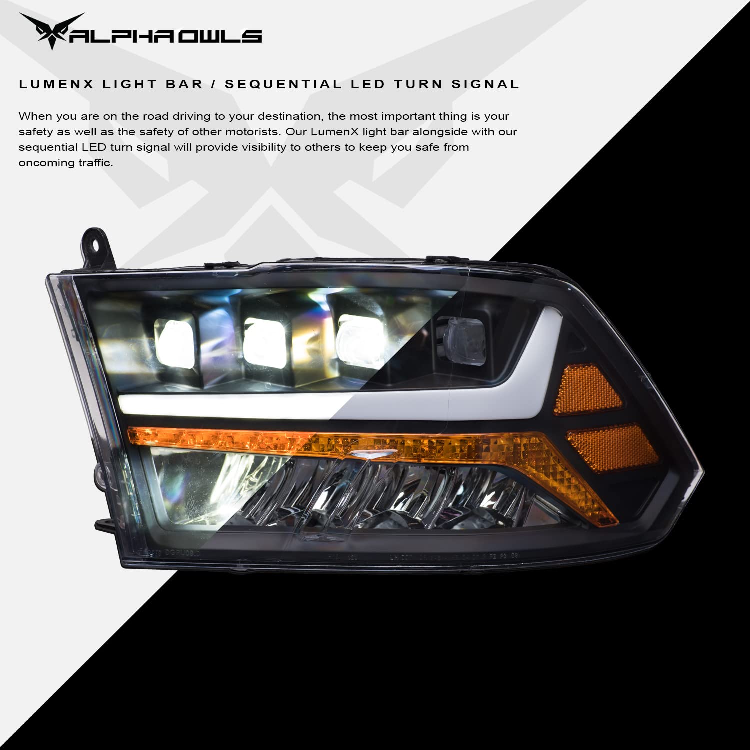 Alpha Owls LED Projector Headlights for Dodge Ram 1500/2500/3500 - White Light Bar & Sequential Signals | Upgrade for 2009-2023 Models