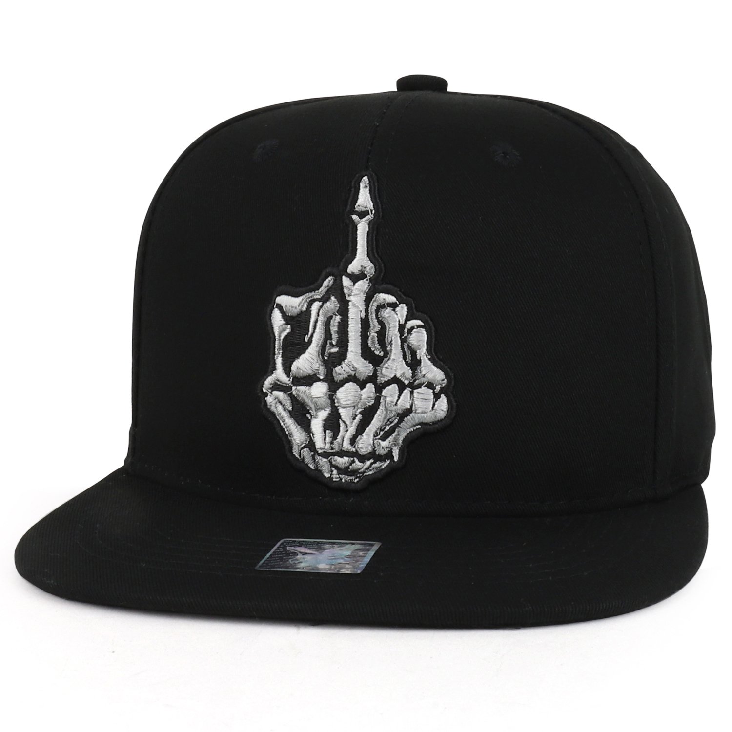 Trendy Skeleton Middle Finger Embroidered Snapback Hat - Flatbill Baseball Cap for Men & Women - Perfect for Streetwear, Hip Hop Fashion & Halloween Costumes