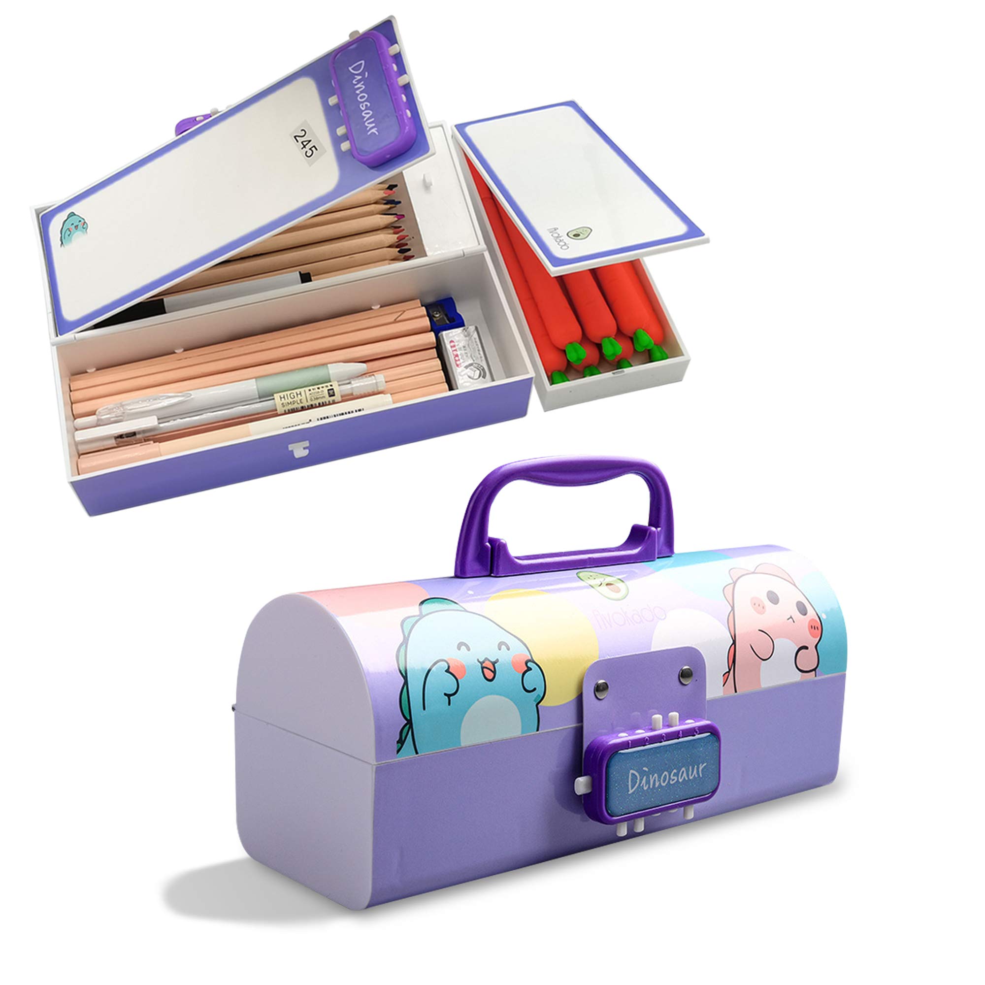 Multifunctional Japanese Cartoon Pencil Box with Double Password Lock - Large Capacity Plastic Stationery Organizer for Kids, Girls & Teens (Dinosaur Purple) - Perfect for School, Office & Travel Supplies Storage