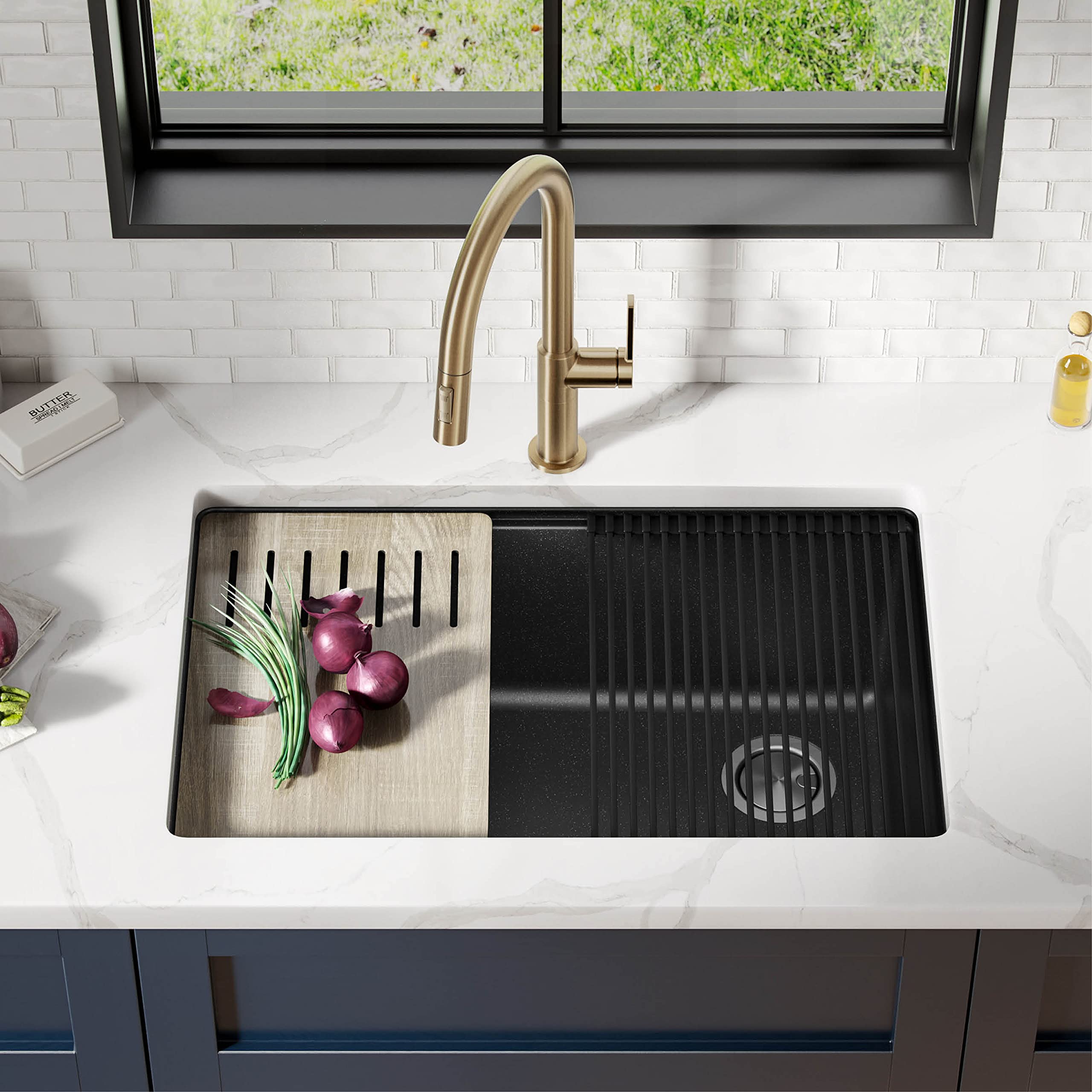 KRAUS Bellucci 30-Inch Undermount Workstation Granite Composite Kitchen Sink in Metallic Black - Includes Accessories (KGUW2-30MBL) - Perfect for Modern Kitchens, Food Prep, and Heavy-Duty Cooking