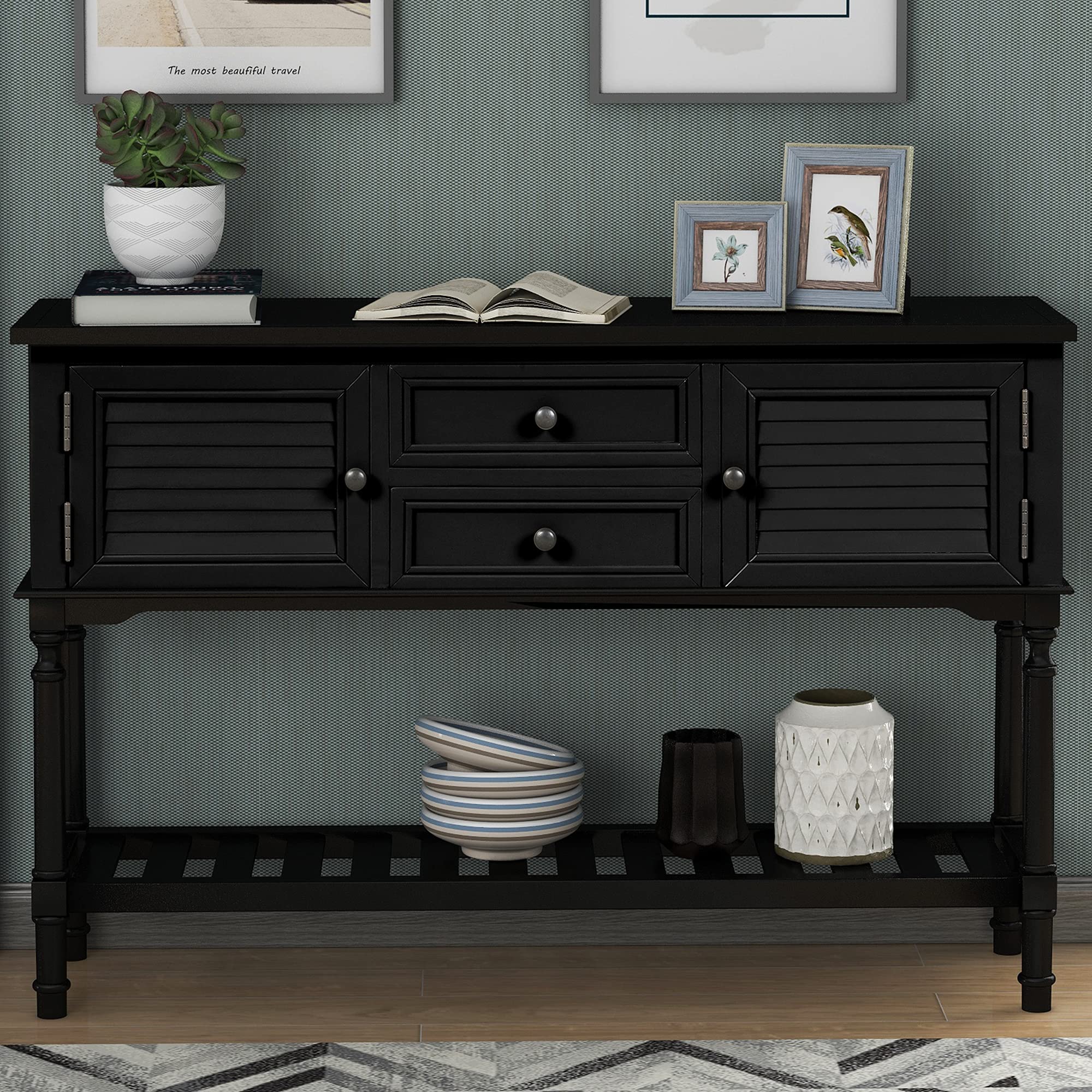 XD Designs Solid Wood Console Table with 2 Storage Drawers - Retro Style Sofa Table, Sideboard Buffet Cabinet with Shelf - Modern Entryway Hallway Accent Furniture (Black, 12.99