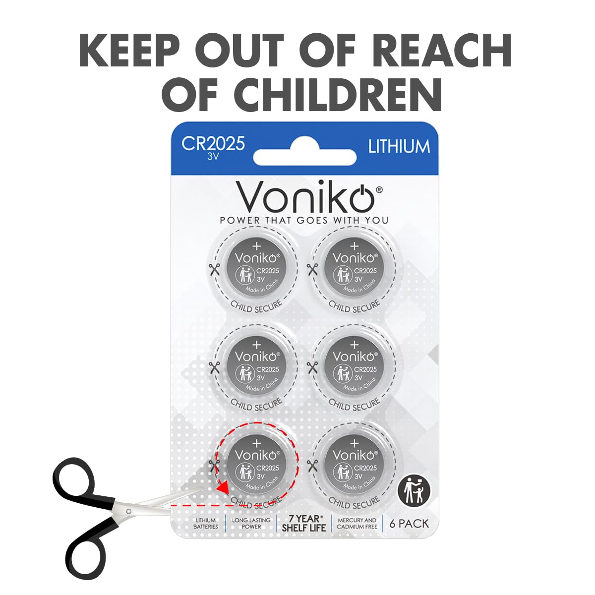 Voniko CR2025 3V Lithium Coin Battery 6 Pack - Long Lasting 7-Year Shelf Life - Perfect for Watches, Key Fobs, Calculators & Small Electronics