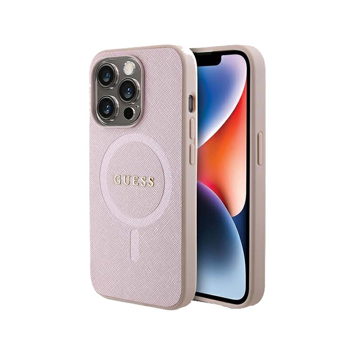 Guess Saffiano Leather MagSafe Case for iPhone 15 Pro Max - Pink | Slim Protective Cover with Premium Texture | Perfect for Work, Travel & Everyday Use