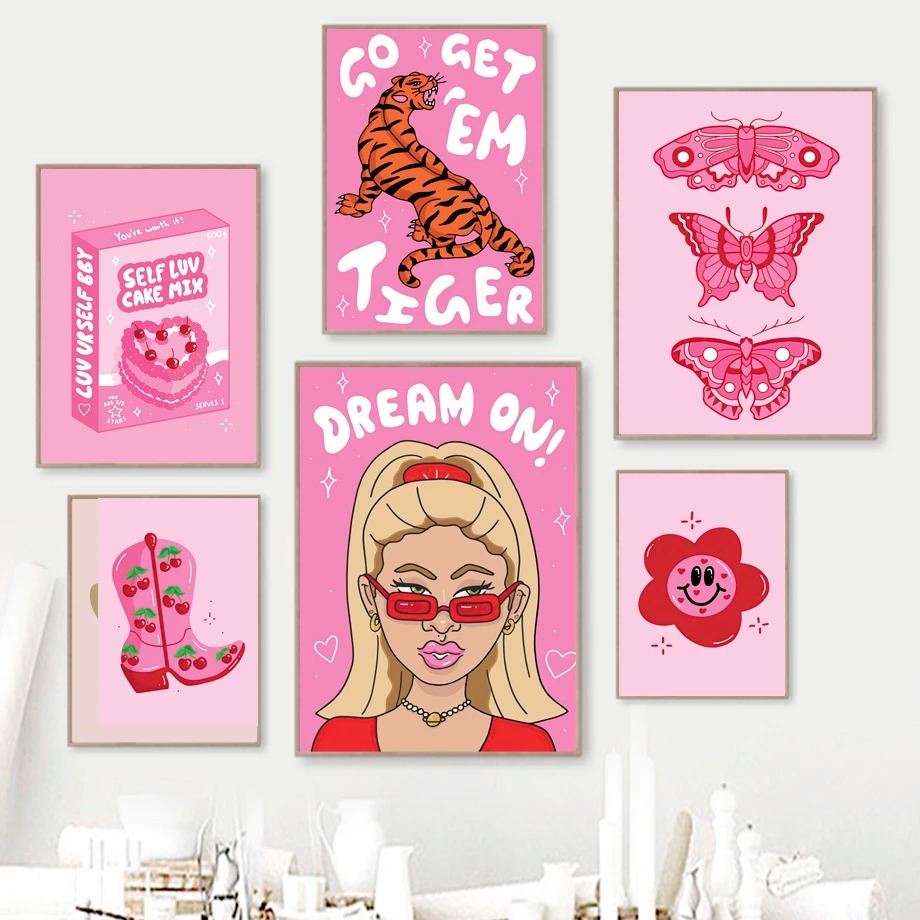 Trendy Hot Pink Girly Canvas Posters - Aesthetic Wall Art for Teen Girls' Bedroom & Dorm Room Decor