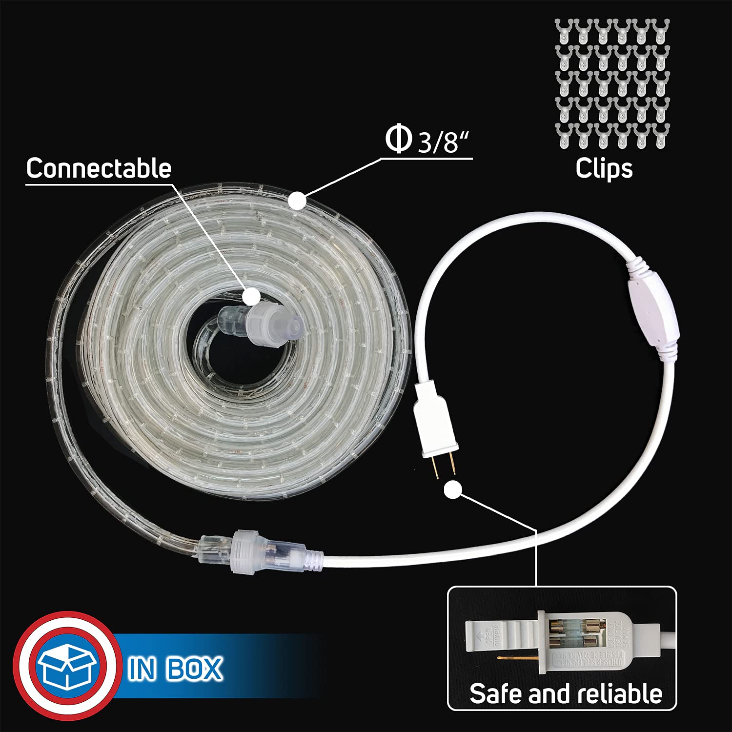 Russell Decor 40FT Rope Lights - Indoor/Outdoor Christmas & Party Decor for Trees, Patio, Deck | White & Blue String Lights