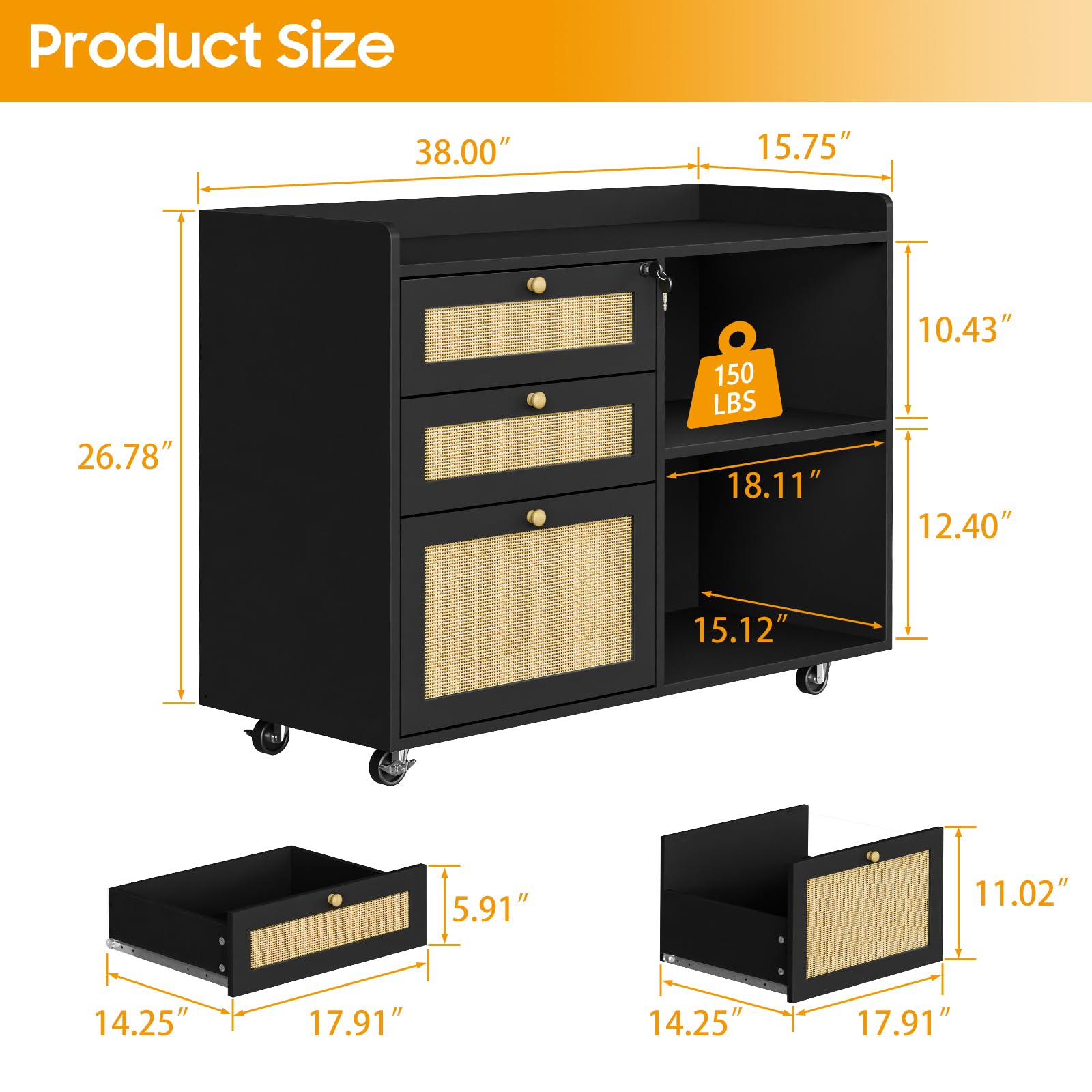 Rattan Lateral File Cabinet with 3 Drawers and Shelves - Large Storage Organizer for Home Office, Mobile Printer Stand with Lock - Fits Legal/Letter/A4 Size Documents - Perfect for Organizing Files, Office Supplies, and Workspace Essentials