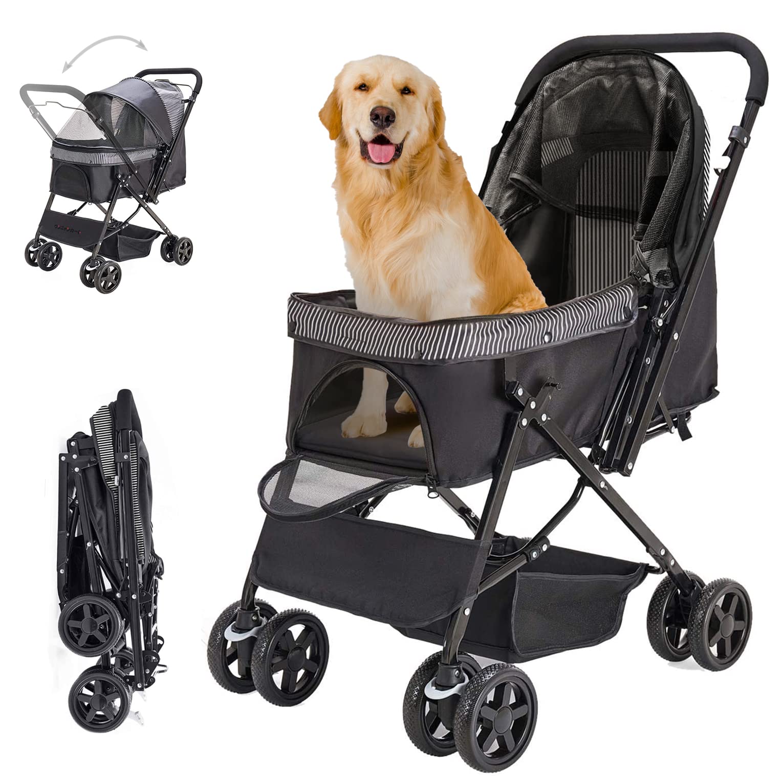 **Foldable Dog Stroller for Large & Medium Dogs & Cats - Reversible Handle, Large Storage Basket - Perfect for Travel, Walks & Vet Visits (Black)**