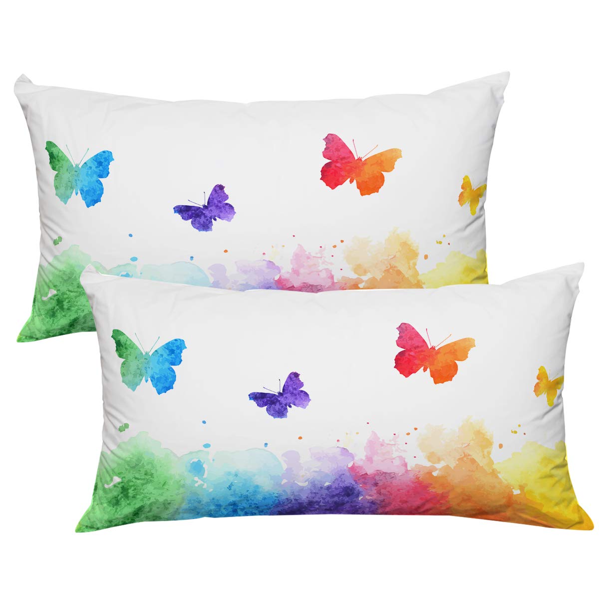 Rainbow Butterflies Girls Pillowcases - Watercolor Butterfly Design on White Soft Breathable Pillow Sham Set of 2 (Standard 20