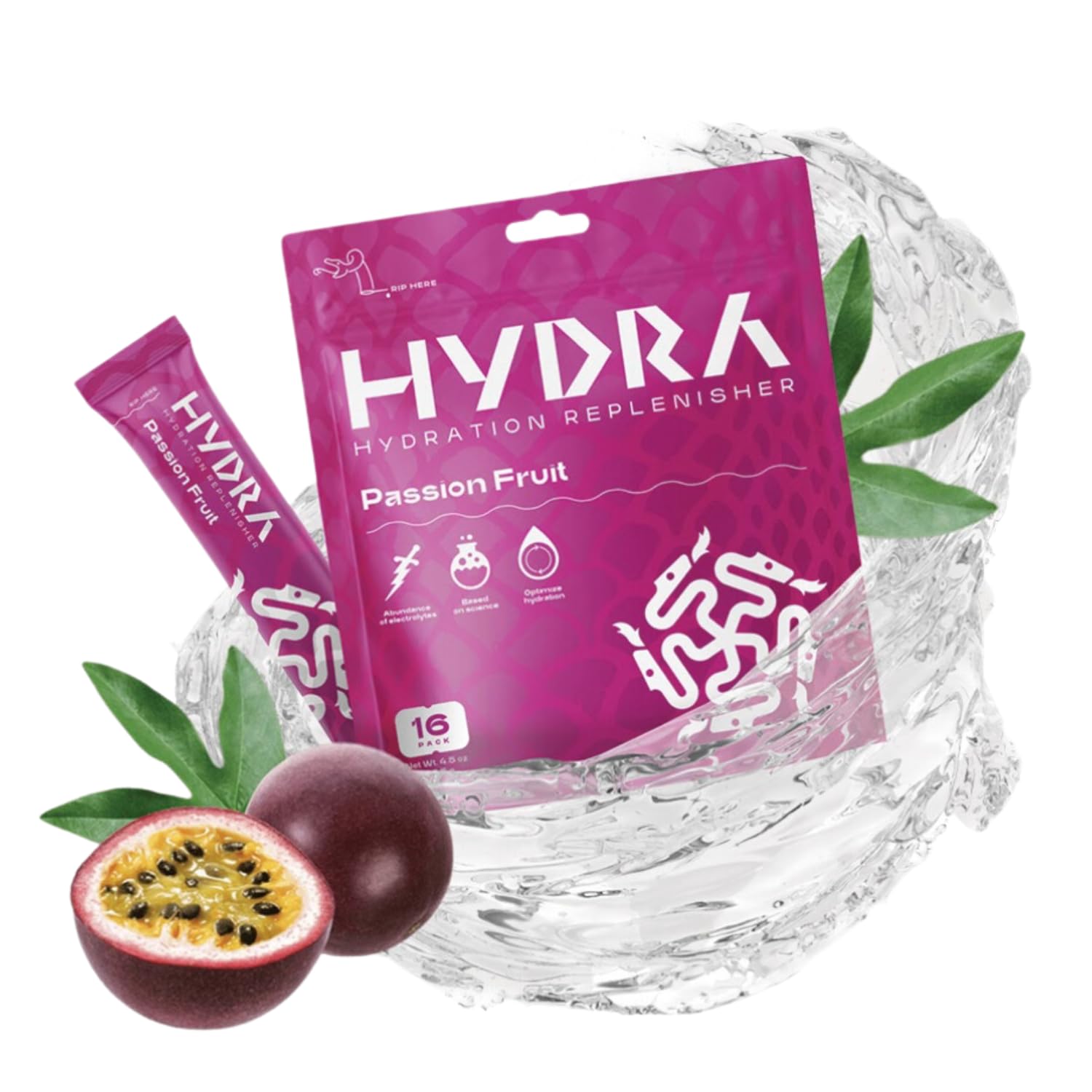 Hydra Powder Electrolyte Powder Packets - Sports Hydration Drink Mix with Vitamins & Electrolytes - Low Sugar Passionfruit Flavor (16 Packets) - Perfect for Workout Recovery, Travel & Outdoor Activities