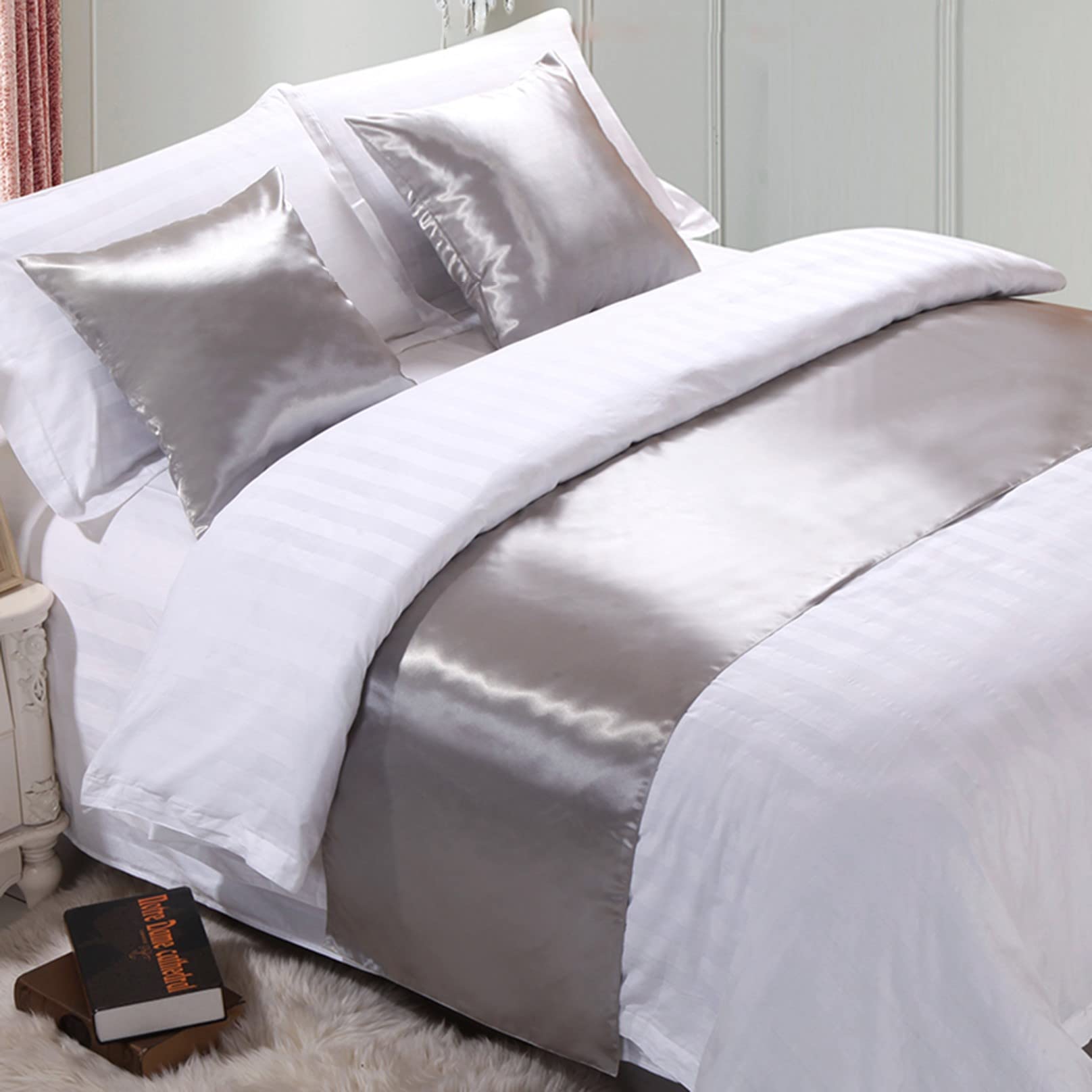 Luxury Satin Bed Runner Scarf - Elegant Quilted Bed Cover for Queen, King, Double & Single Beds - Silver 50x260cm - Perfect for Hotel Bedroom Decor & Home Bedding Accent - Ideal for Weddings, Master Suites & Guest Room Styling