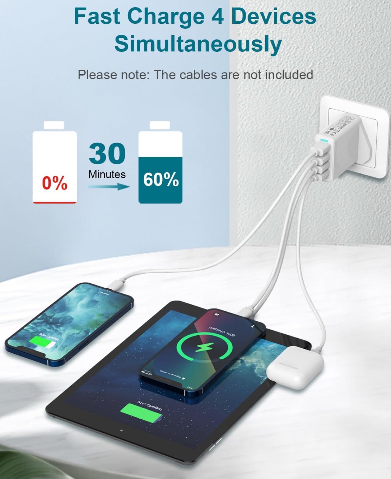 40W 4-Port USB C Wall Charger with Fast Charging - Multi Port USB Plug Adapter for iPhone 15 Pro Max/14/13/12/11/XS/XR/8/7 - UK Power Plug - Perfect for Home, Office & Travel Charging Needs