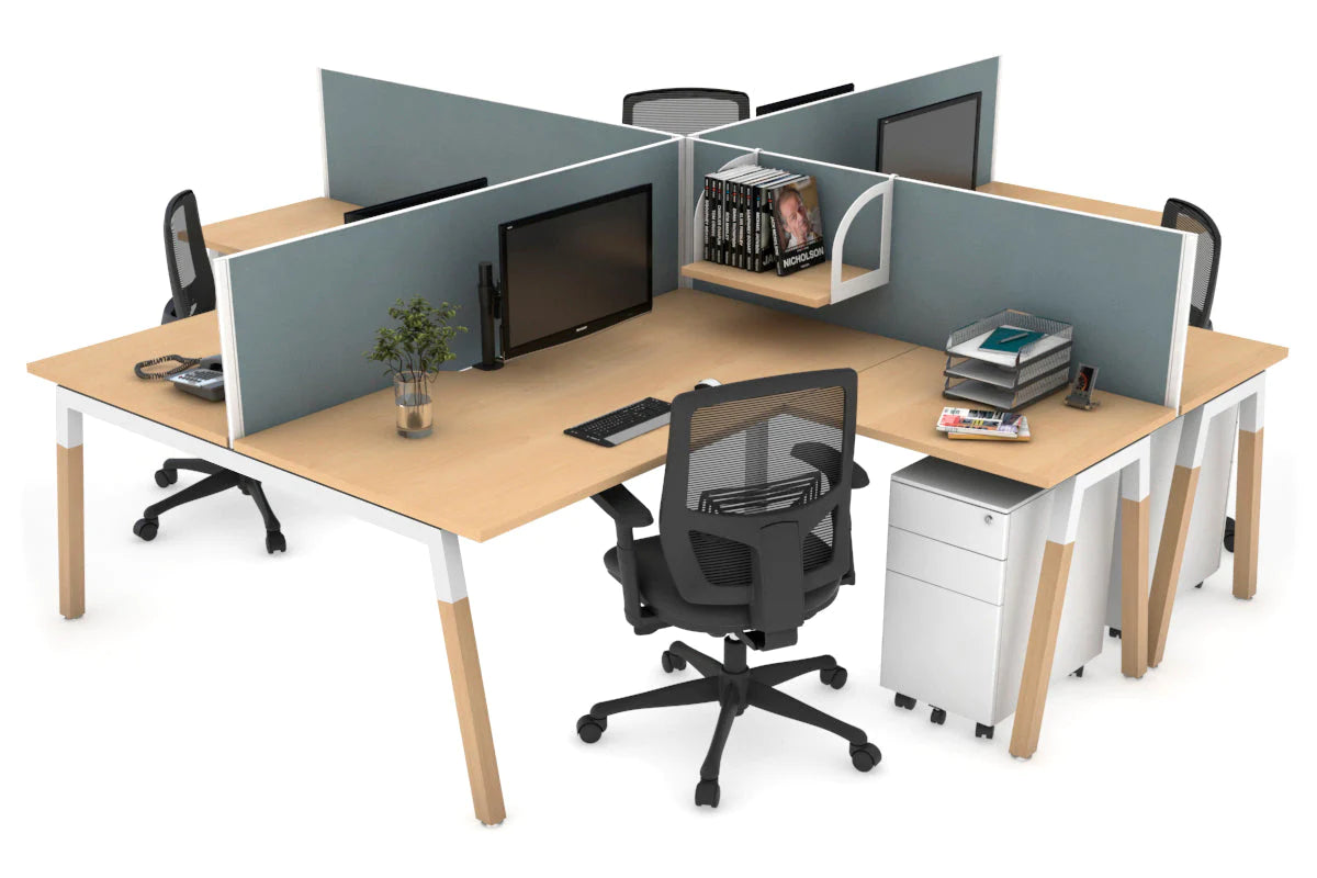 Quadro Wood A Legs Cross Beam 4-Person Corner Workstation Desk - 1600L x 1800W with Cable Management Scallop - Perfect for Office, Home Workspace & Collaborative Environments