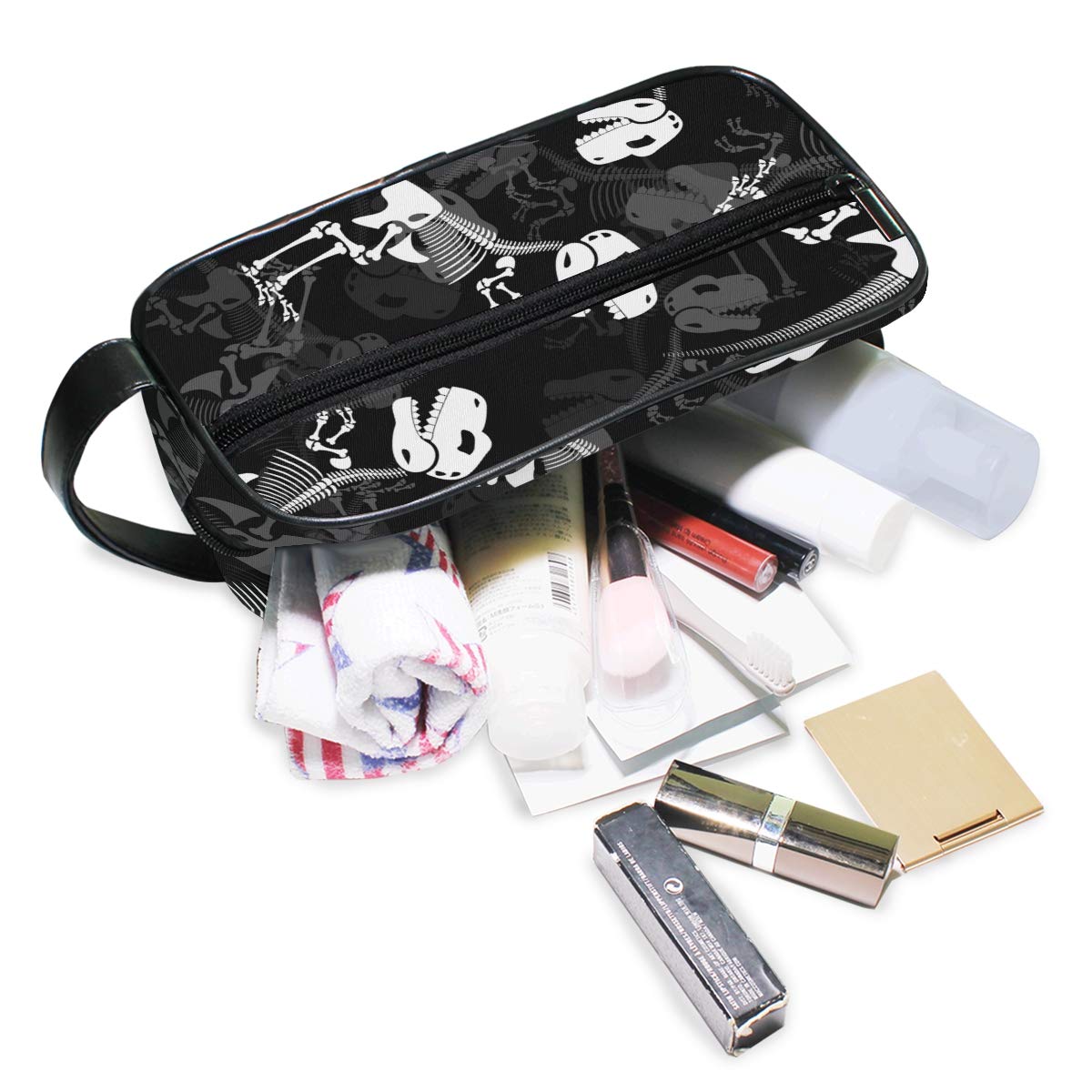 Dinosaur Skeleton Travel Toiletries Bag - Portable Cosmetic Makeup Organizer Pouch for Women - Perfect for Camping, Gym & Airplane Carry-On (Black, 912P)