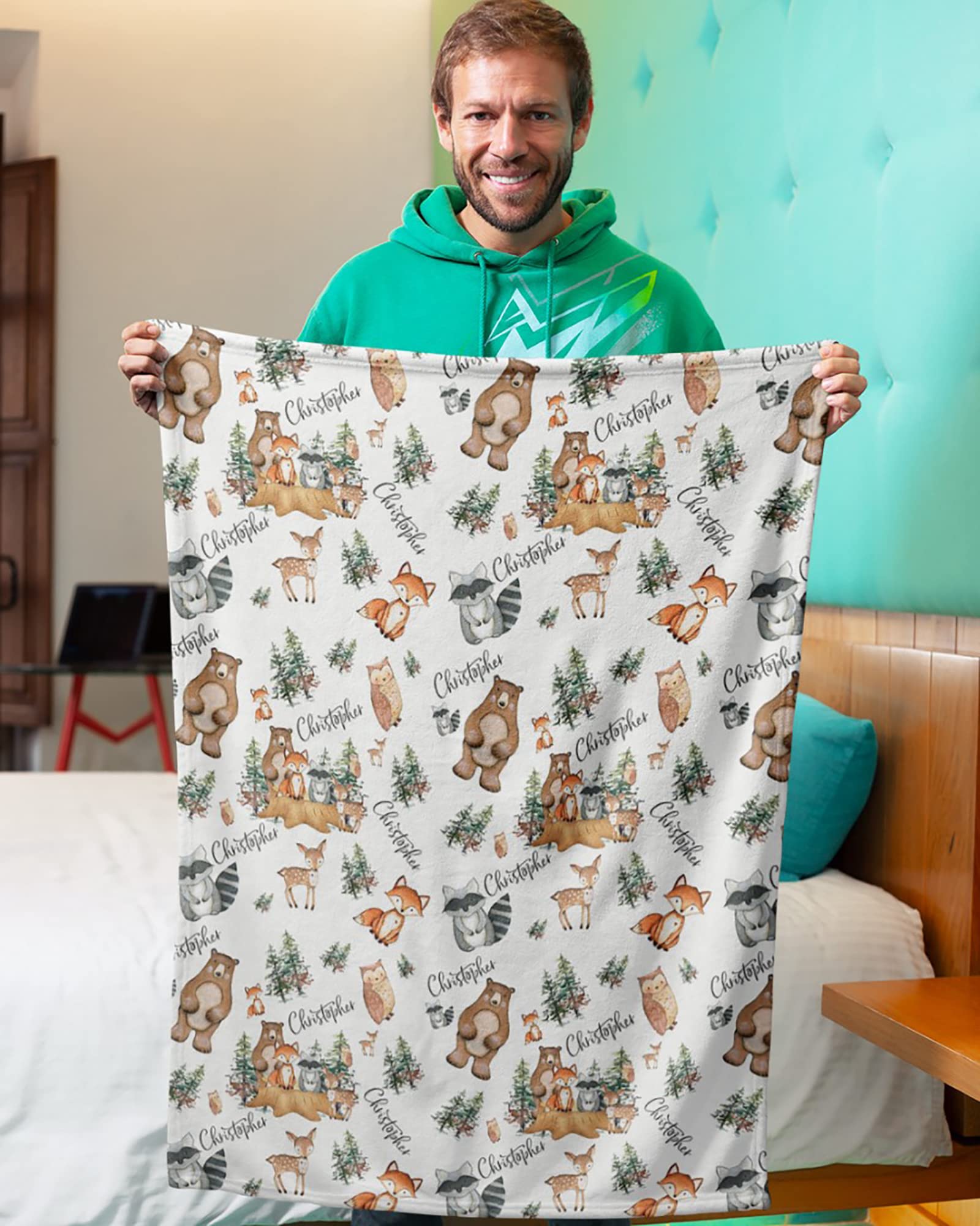 Personalized Baby Blanket with Custom Name - Soft Woodland Animal Swaddle Blanket for Newborns | Perfect for Nursery, Baby Shower Gifts & Photo Props