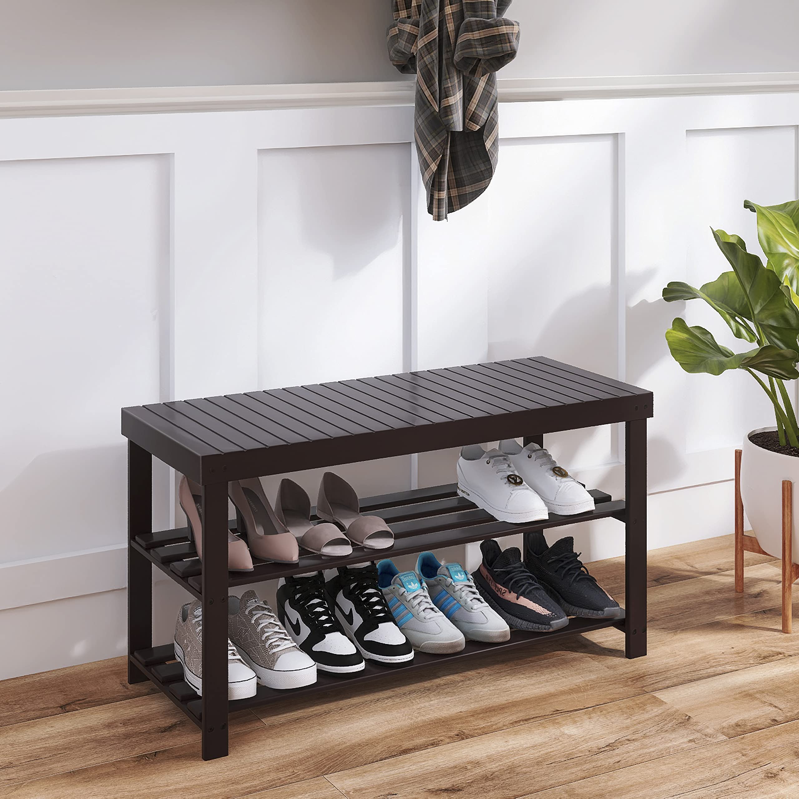 SMIBUY 3-Tier Bamboo Shoe Rack Bench - Sturdy Shoe Organizer & Storage Shelf for Entryway, Hallway, Bathroom, Living Room (Dark Brown) | Space-Saving Furniture for Small Apartments & Home Organization