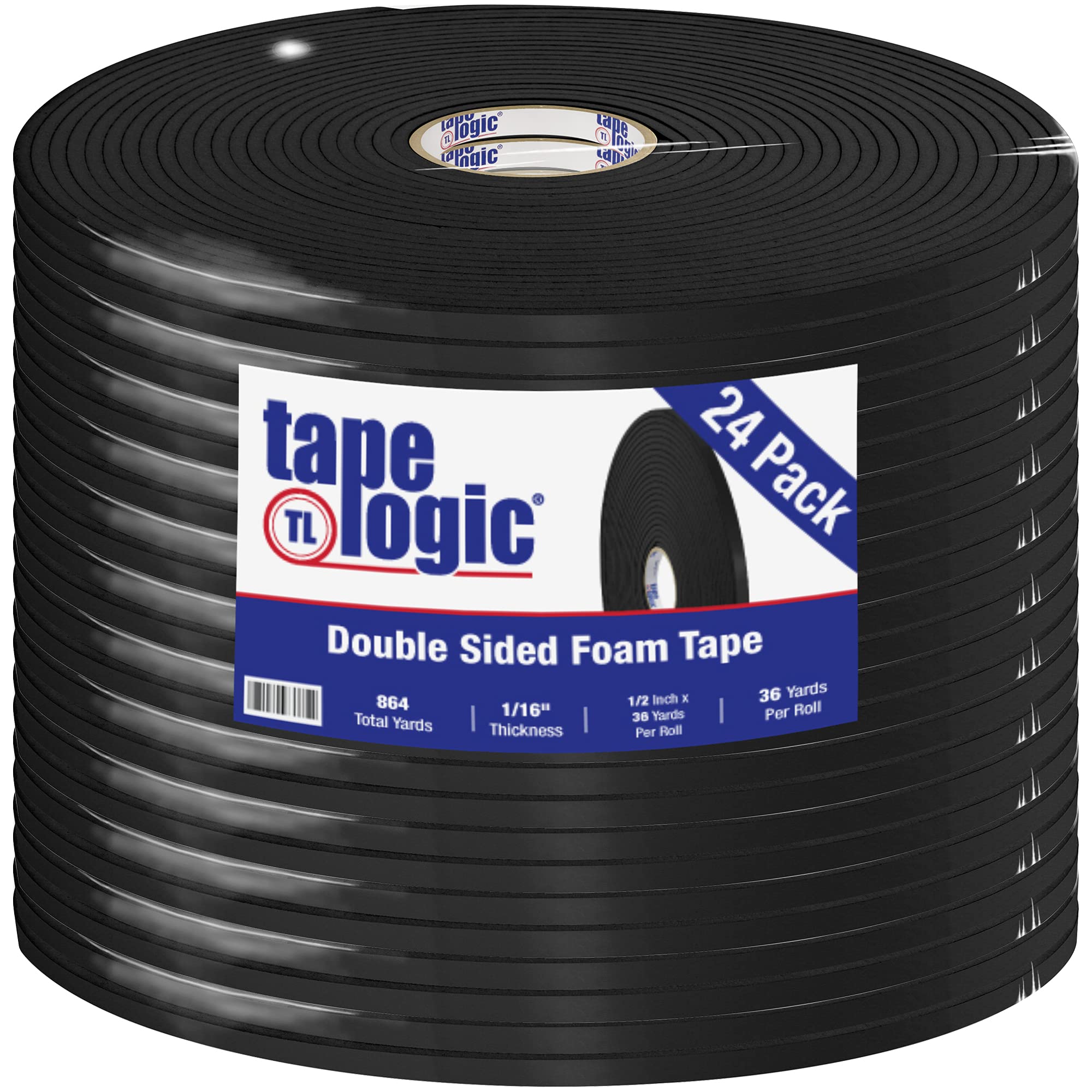 Tape Logic Aviditi Double Sided Foam Mounting Tape - 1/2 Inch x 36 Yards, 1/16 Inch Thick, Black (24 Rolls) - Strong Adhesive for Joining, Crafts, Home & Office Use - Perfect for Hanging Pictures, DIY Projects & Wall Decor
