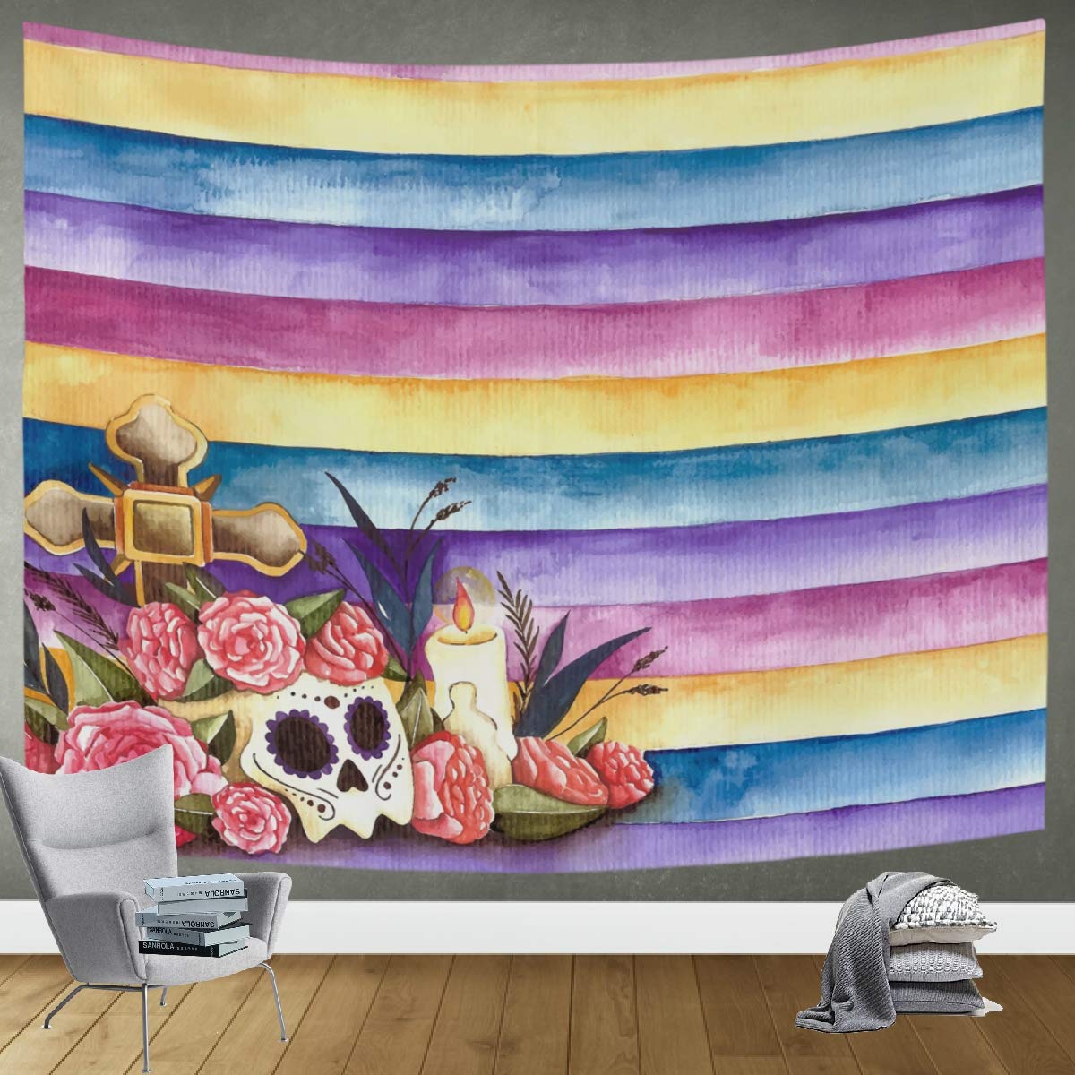 DOMIKING Halloween Wall Tapestry - Day of the Dead Mexican Sugar Skull Decor 60x51in, Spooky Bedroom & Living Room Wall Hanging for Gothic Home Decor, Perfect for Halloween Parties & Día de Muertos Celebrations