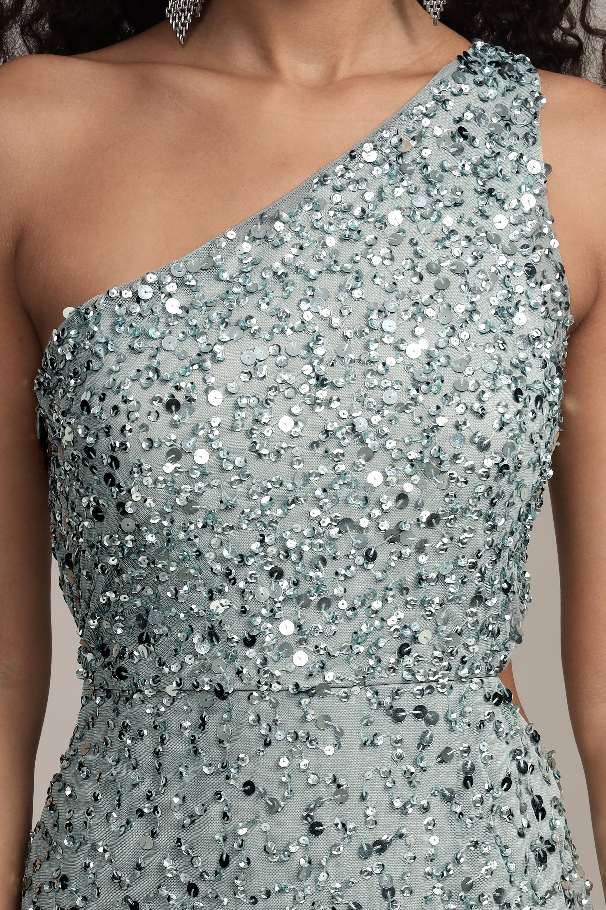 Elegant One Shoulder Sequin Dress in Teal | Naeve Women's Formal Gown for Evening Parties, Prom & Special Occasions
