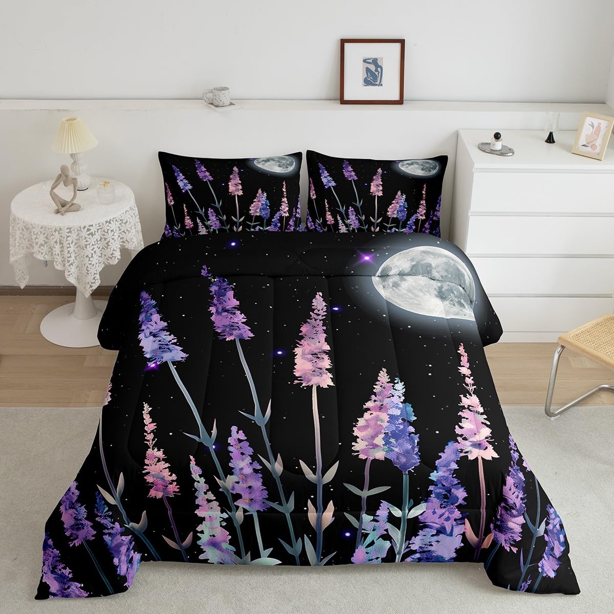 Erosebridal Starry Sky Comforter Set - Twin Size Purple Floral Bedding with Moon & Stars Design for Kids, Girls, Women & Adults - Farmhouse Rustic Quilted Comforter for Bedroom Decor - Perfect for Cozy Nights & Boho Chic Home Styling