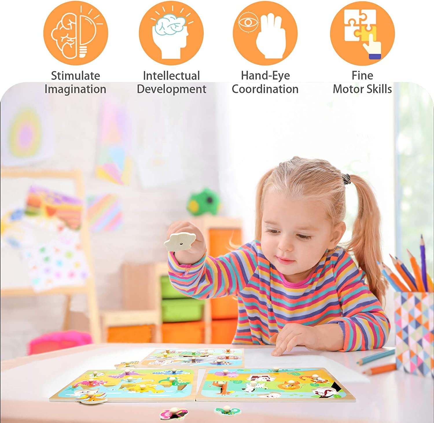 Amisha Gift Gallery Wooden Puzzles for Kids with Knob - Educational Learning Toy Wooden Puzzle Board (Wild Animals) - Perfect for Preschool Learning & Montessori Classroom Activities