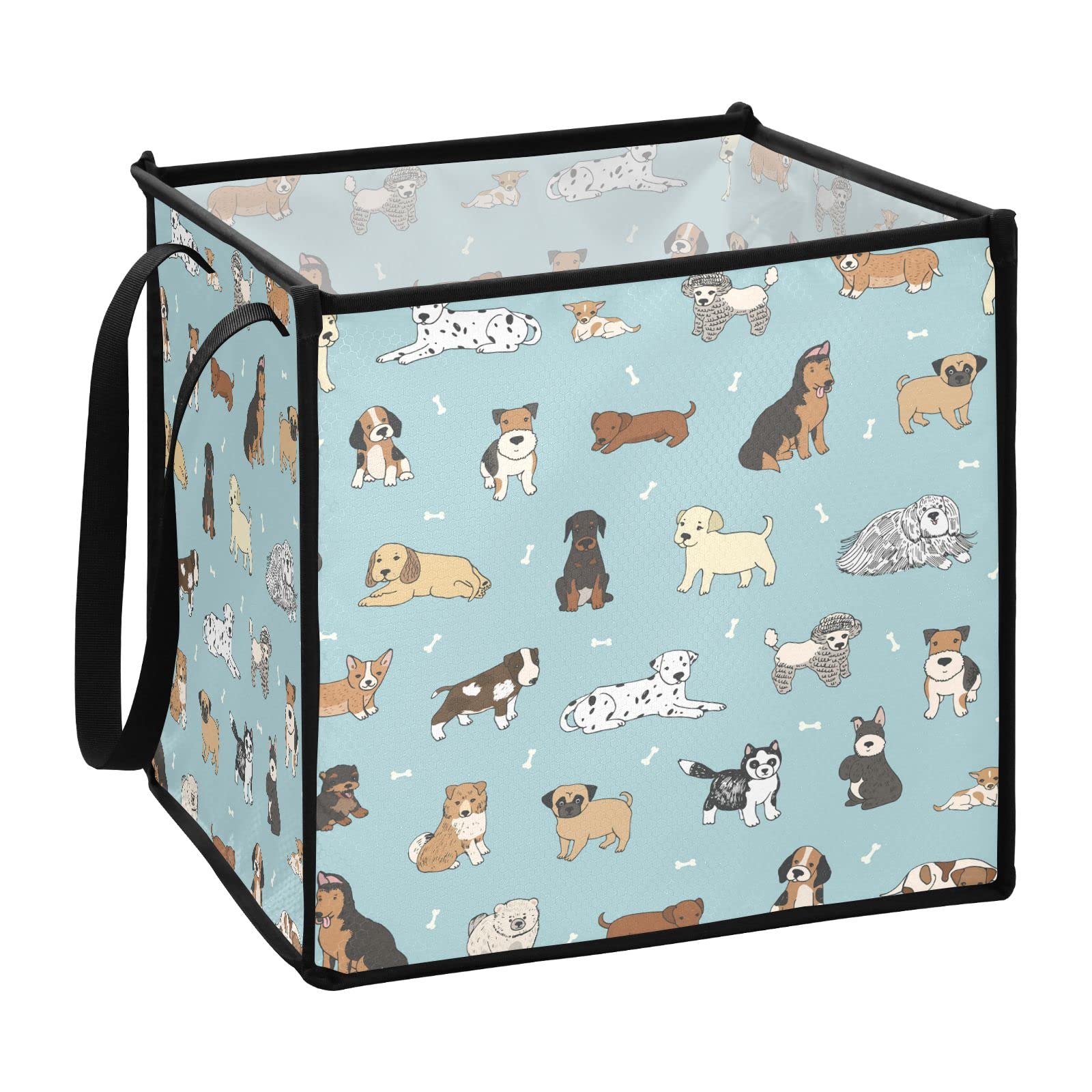 Doodle Puppy Dogs Bones Pattern Collapsible Storage Bins - 10.6x10.6x10.6 Inch Foldable Fabric Cube Organizer with Handles for Toys, Nursery, Shelves & Closet Organization - Perfect for Kids' Room, Playroom & Pet Supplies Storage