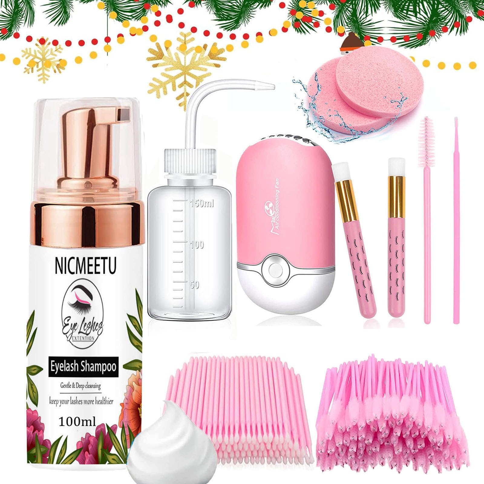 100ML Lash Shampoo Kit for Eyelash Extensions - Includes USB Fan, 50 Eyelash Brushes, 100 Micro Brushes, 2 Shampoo Brushes, 2 Sponges & Rinse Bottle - Perfect for Salon Professionals & Home Lash Care