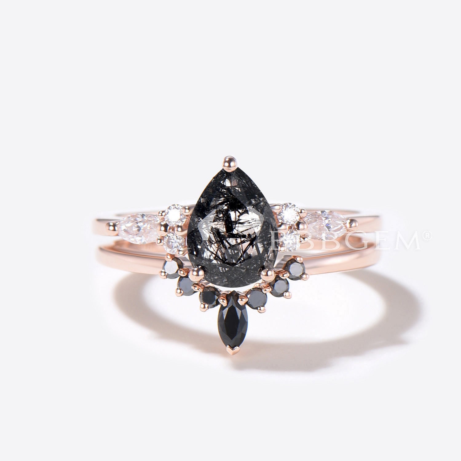 Black Rutilated Quartz Engagement Ring - Moissanite & Spinel Wedding Band for Women - Elegant Jewelry for Proposals, Anniversaries, and Special Occasions