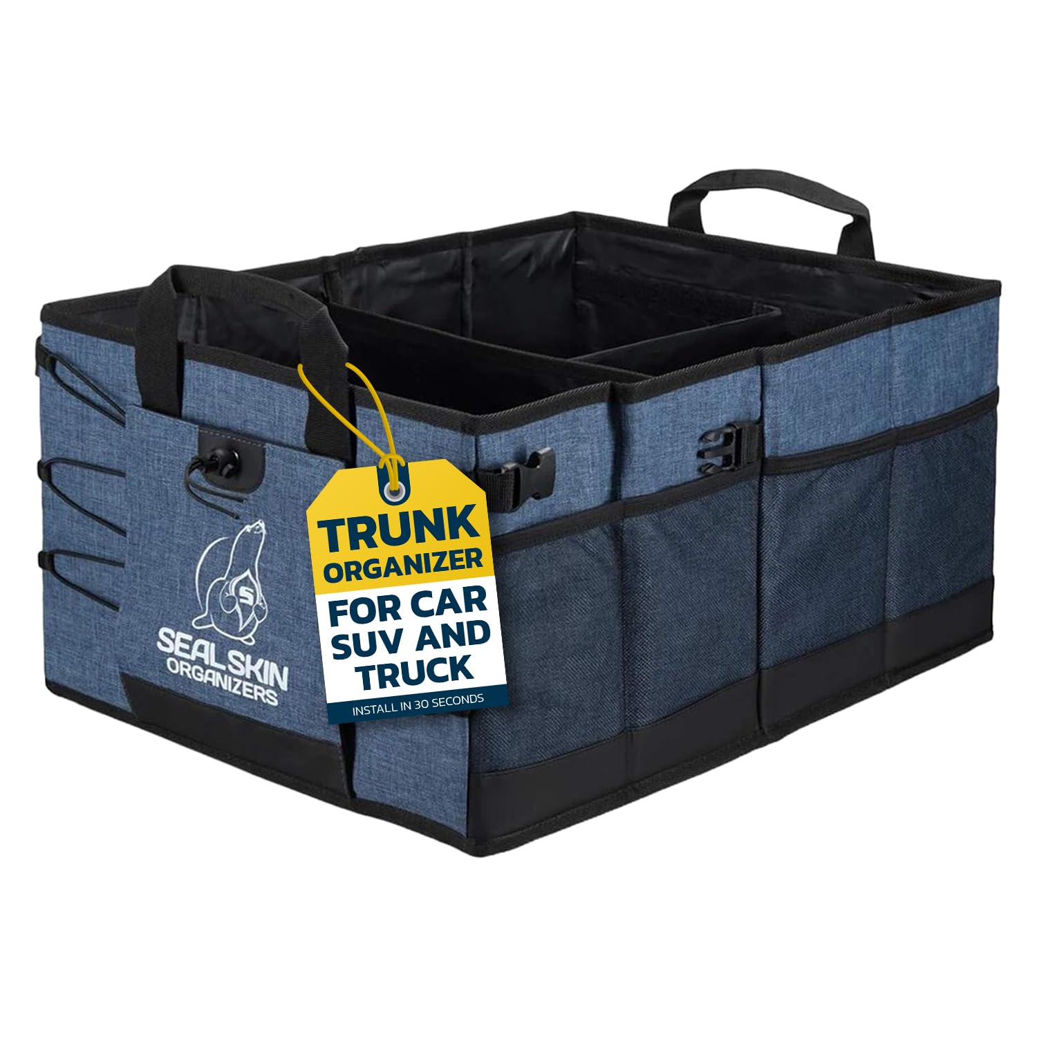 Heavy Duty Collapsible Trunk Organizer for SUV, Car & Truck - 3 Adjustable Sizes - Lightweight Portable Storage Solution - Easy Install Vehicle Organizer - Blue - Perfect for Road Trips, Grocery Shopping & Sports Equipment Storage