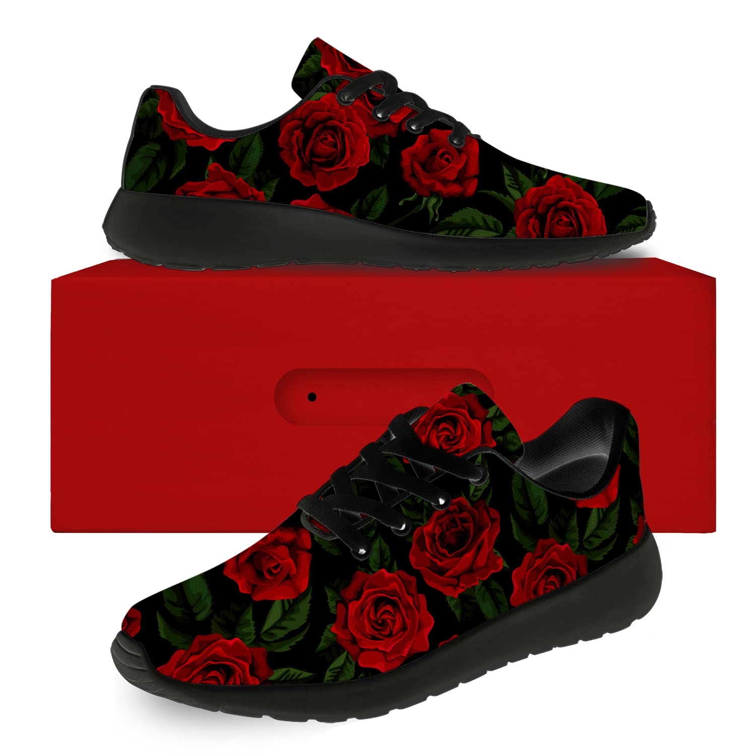 Floral Print Running Shoes for Men & Women - Breathable Walking Tennis Sneakers with Rose Flower Design - Size 9.5 Men/11 Women Black - Perfect for Jogging, Gym Workouts & Casual Wear