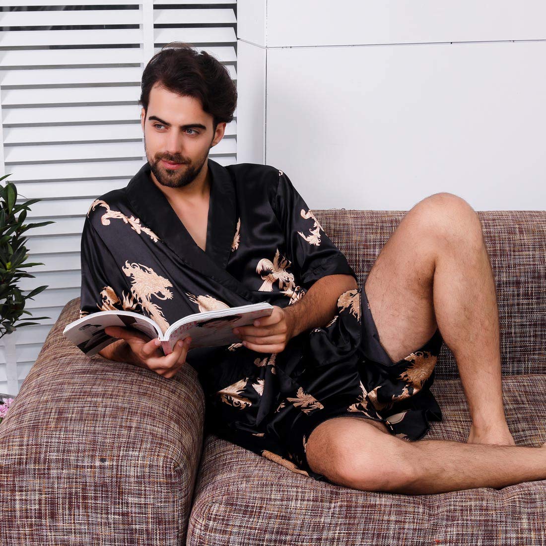Luxury Men's Satin Robe with Shorts - Soft Silk Kimono Bathrobe for Spa, Lounge & Sleep - Elegant Pajama Nightgown for Home Relaxation & Gift Giving