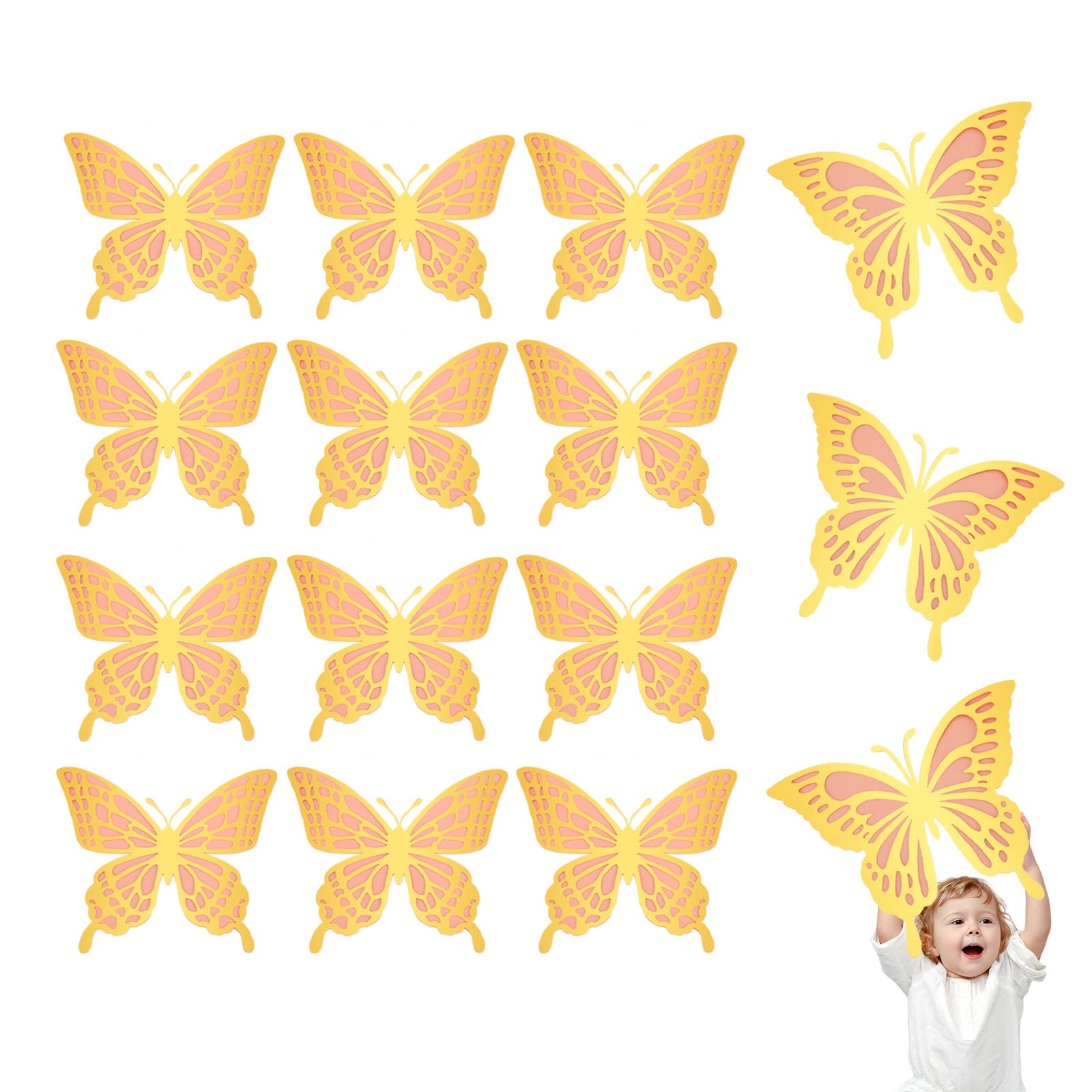 MARFOREVER 14 Pcs 3D Large Butterfly Wall Decorations - Gold & Pink Butterfly Stickers for Birthday Party, Baby Shower, Wedding Room Decor - Perfect for Home, Nursery, and Event Decoration