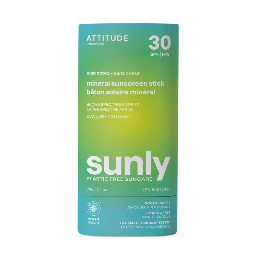 Attitude SPF 30 Mineral Sunscreen Face Stick - Unscented, 60g | Natural Zinc Oxide Sun Protection for Sensitive Skin | Perfect for Beach, Hiking & Outdoor Activities