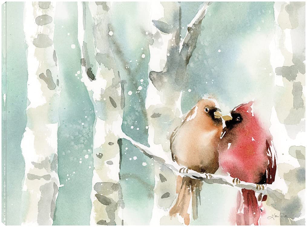 Christmas Cardinals Canvas Wall Art - Hand Painted Fine Art by Katrina Pete - 16x12 Inches - Ready to Hang - Perfect for Living Room, Bedroom, Office Decor - Holiday Home Décor Gift Idea