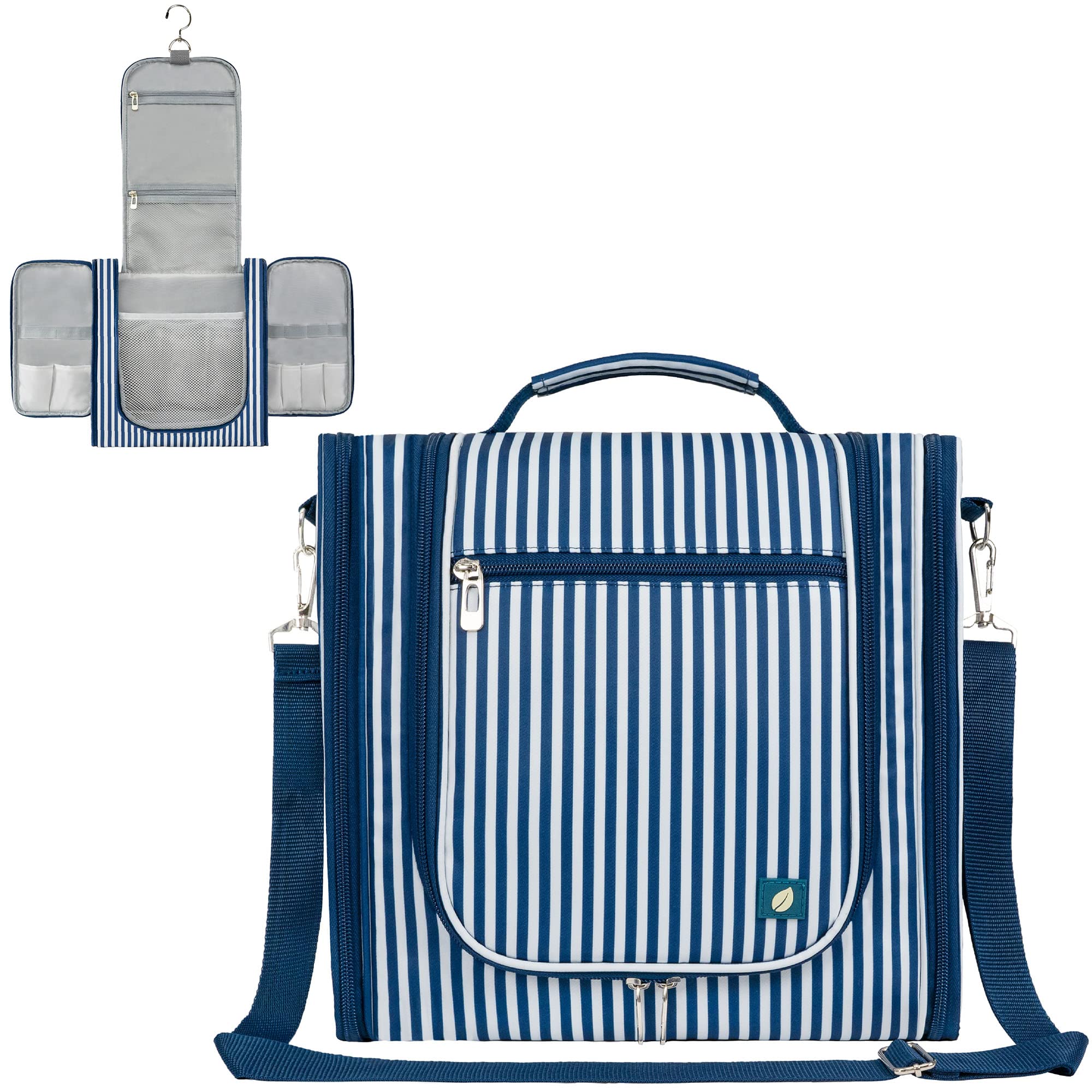 PAVILIA Extra Large Hanging Toiletry Bag for Women & Men - Waterproof Travel Cosmetic Organizer with Multiple Pockets for Makeup, Toiletries & Accessories - Perfect for Gym, Vacation & Business Trips (Stripe Navy)