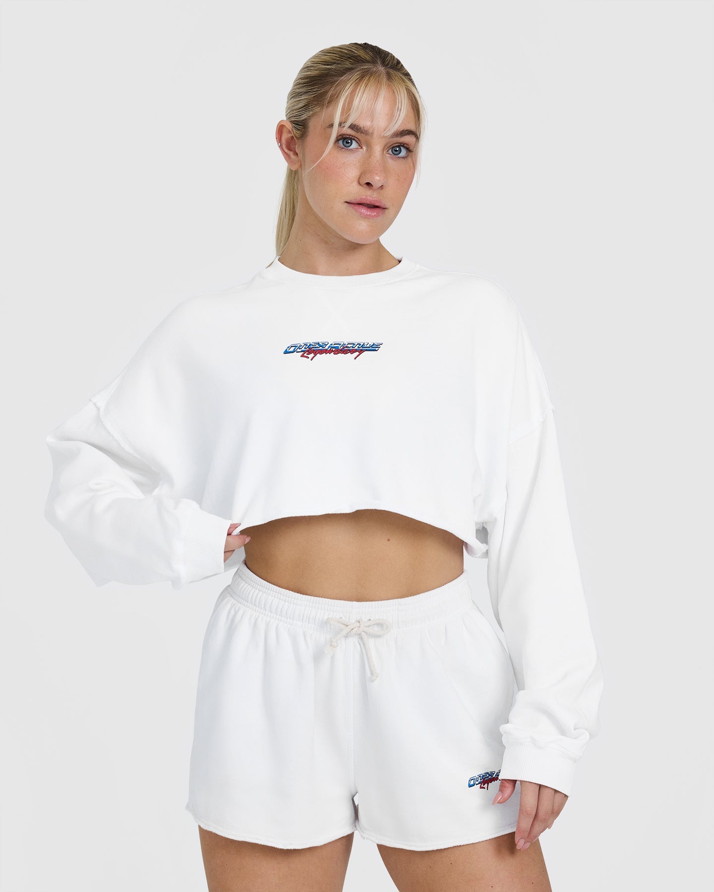 Raw Lounge Crop Sweatshirt with Graphic Print | White | Women's Casual Streetwear for Everyday Comfort
