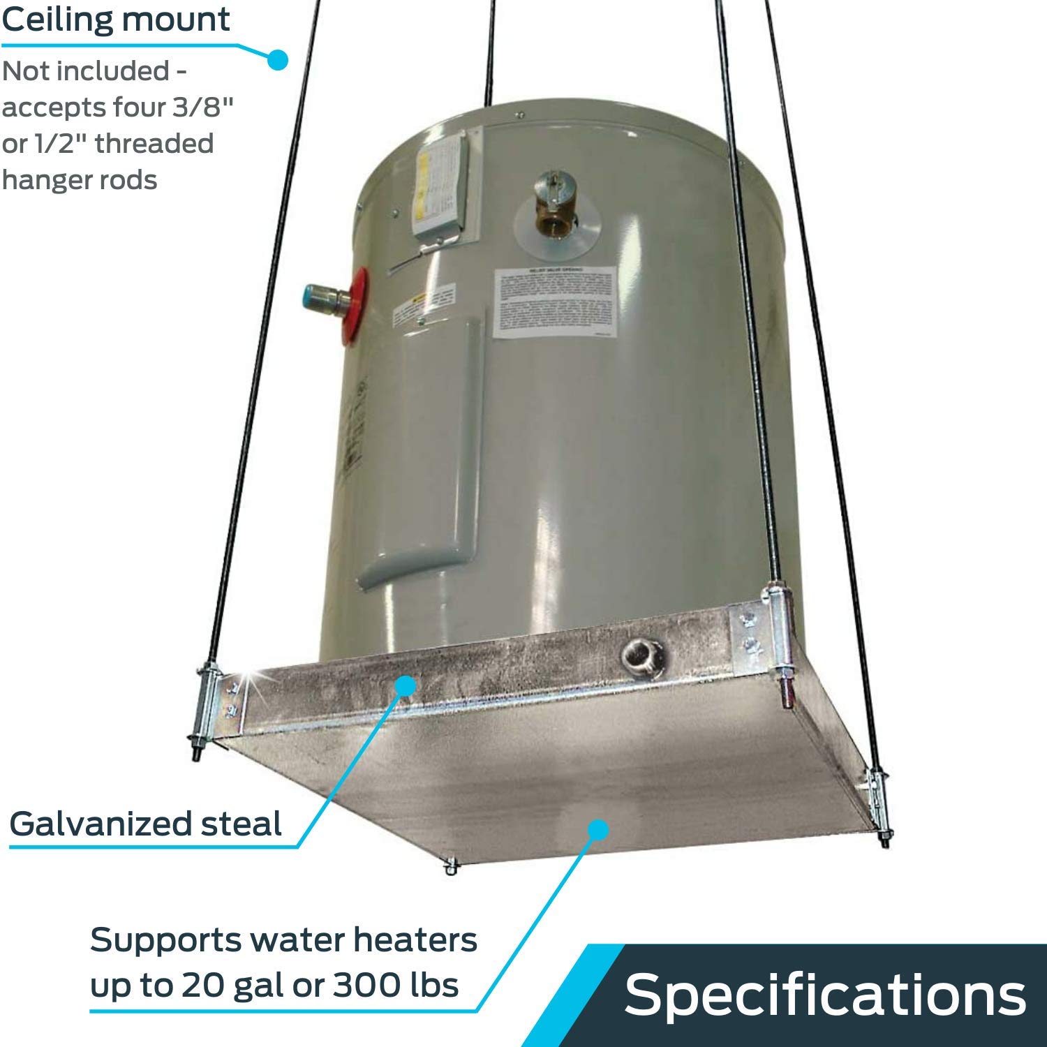 Holdrite QuickStand 24x24x4 Inch Ceiling Mount Water Heater Platform with Drain Pan - Heavy Duty Hanging Bracket for Tank Storage (Model 30-SWHP-M) - Perfect for Basement, Garage & Utility Room Installation